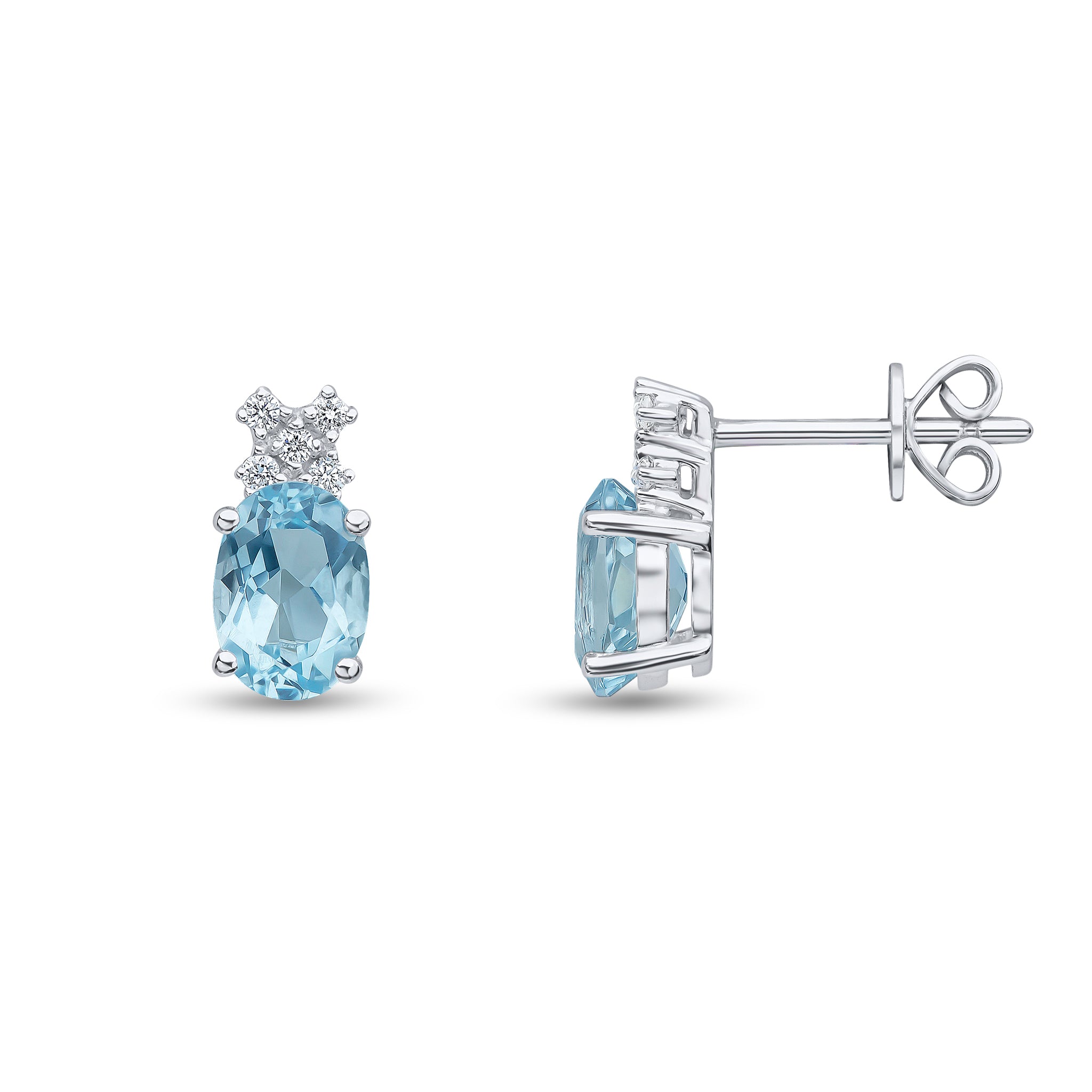 18ct White Gold Oval Aquamarine and Round Diamond 5 Stone 'x' Top Claw Set Earrings