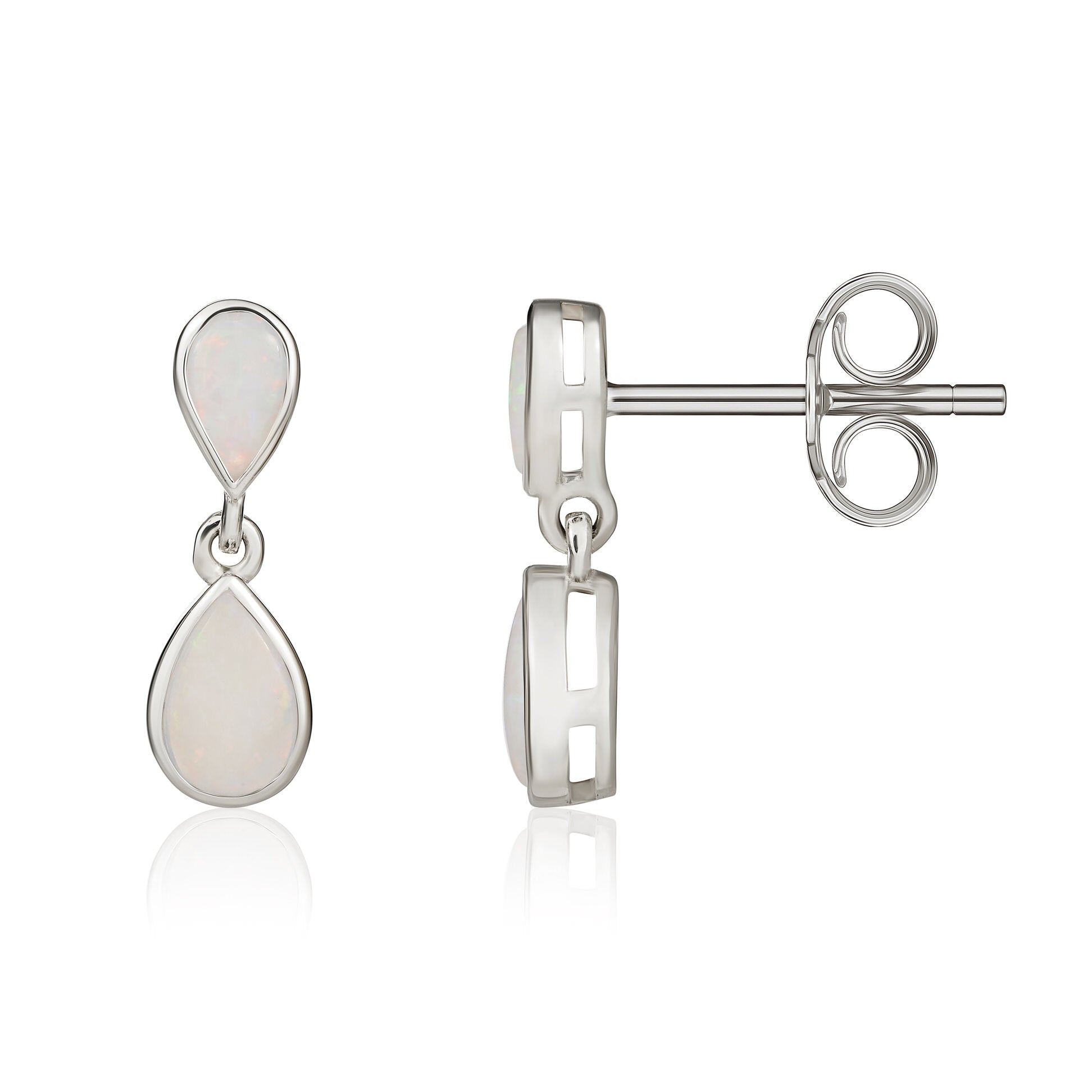 9ct White Gold Pear Shape Opal 2 Stone Rubover Drop Earrings