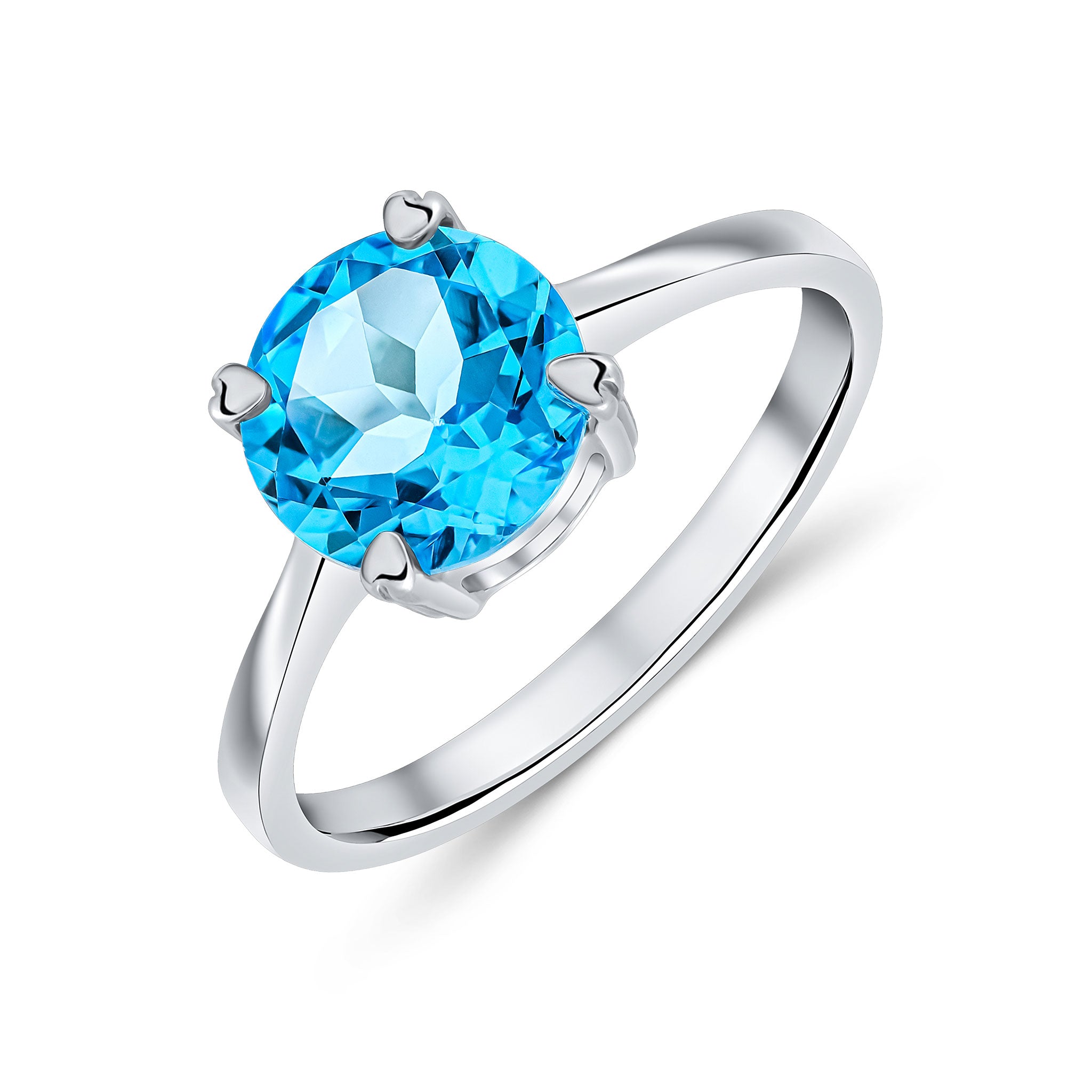 9ct White Gold 8mm Round Swiss Blue Topaz Claw Set Single Stone Ring
