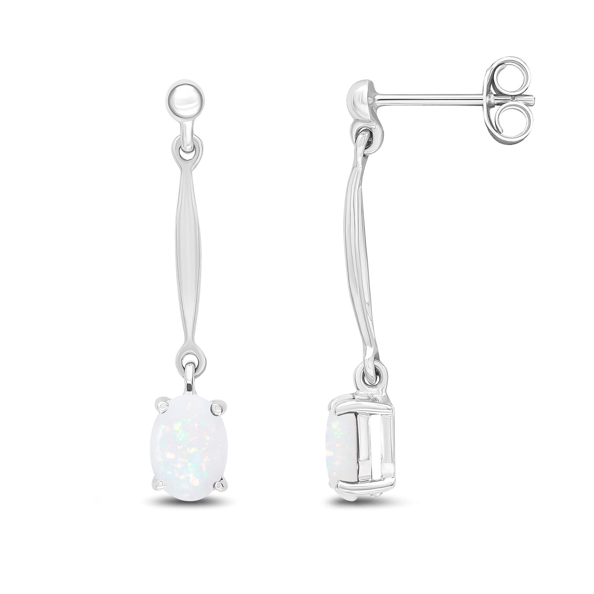 9ct White Gold 7x5mm Oval Opal and Bar Drop Earrings with Bead Top