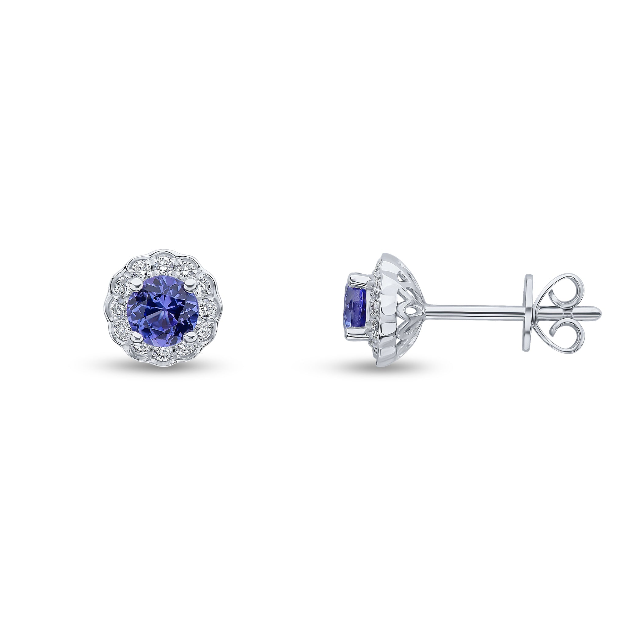 18ct White Gold Claw Set 4mm Round Tanzanite and Scalloped Edge Round Diamond Cluster Earrings
