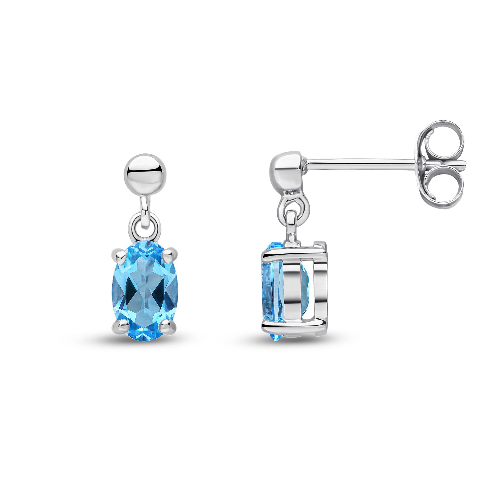 9ct White Gold 6x4 Oval Swiss Blue Topaz Claw Set Drop Earrings with Bead Top
