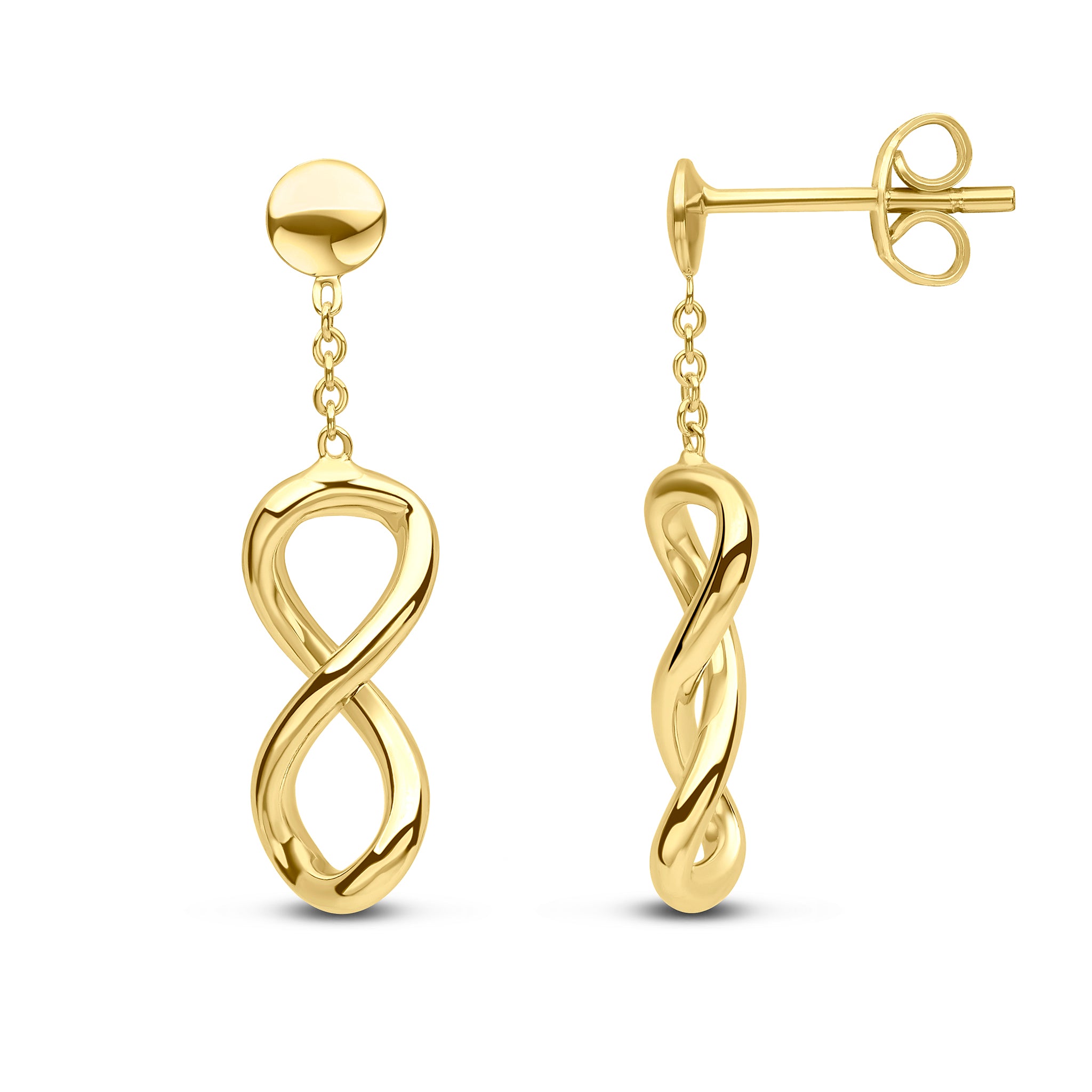 9ct yellow gold Infinity And Chain Drop Earrings With Flat Disc Top