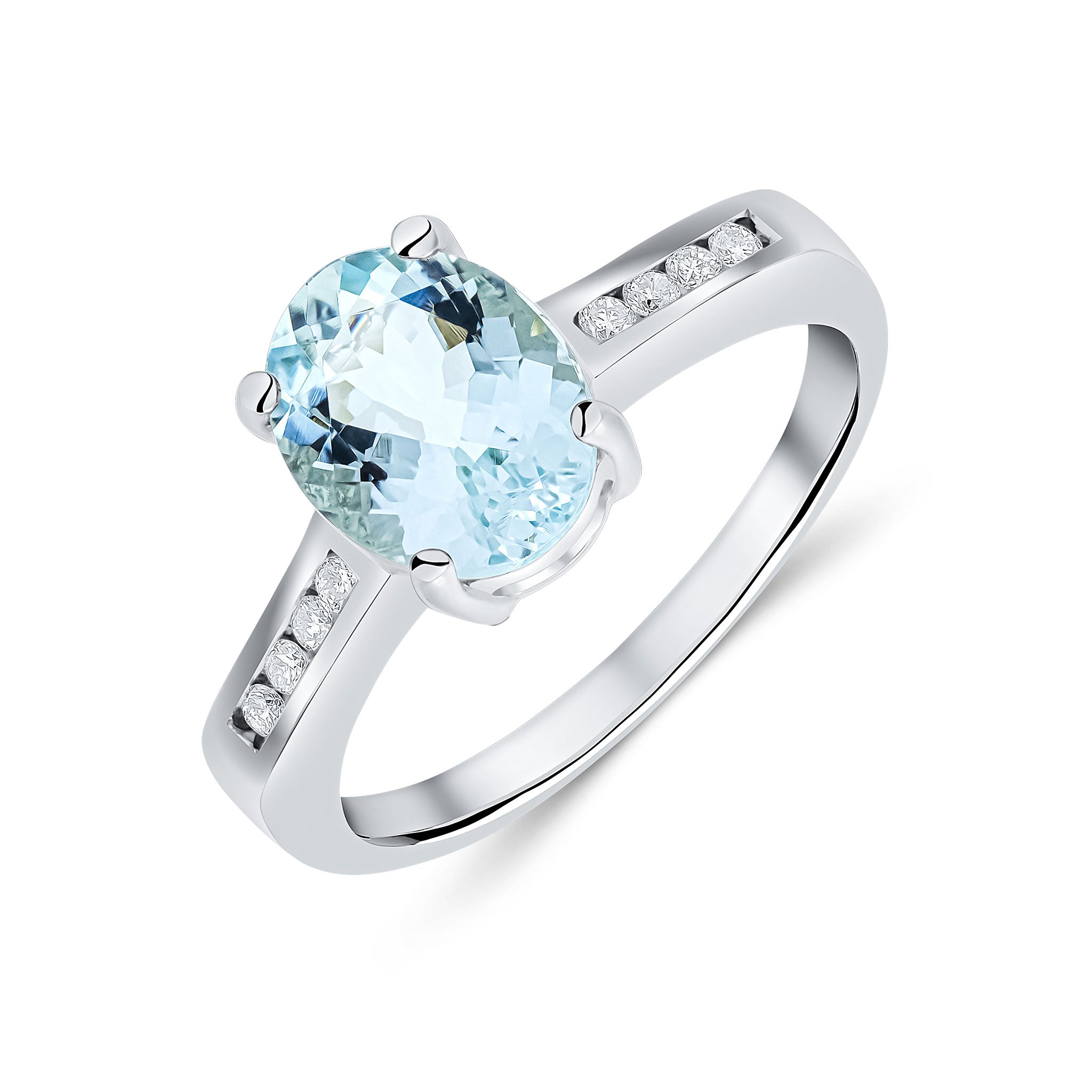 9CT WG 9X7MM CLAW SET OVAL AQUA SINGLE STONE RING WITH CHANNEL SET DIAMOND SHOULDERS 1