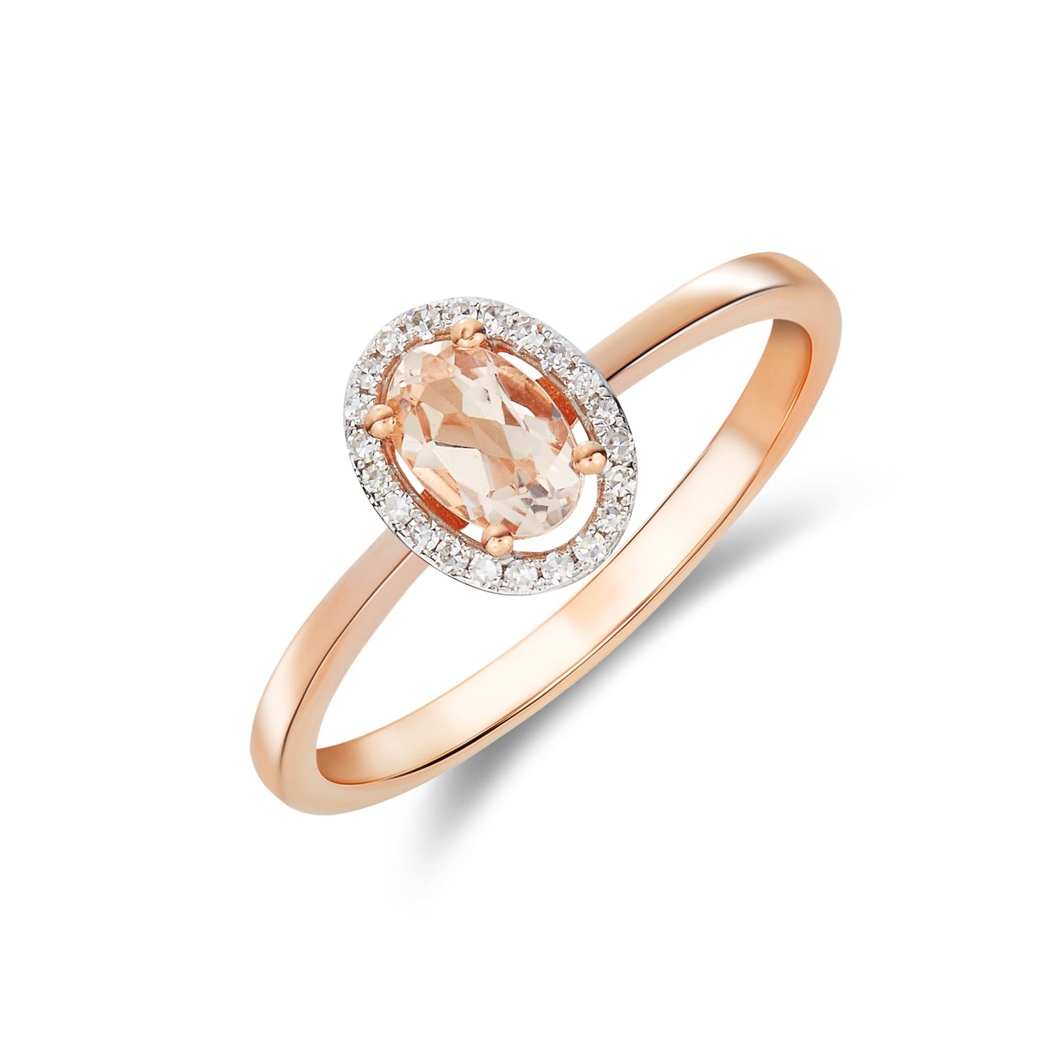 9CT RG 6X4 OVAL MORGANITE AND ROUND DIAMOND HALO CLUSTER RING. RHODIUM TO DIAMONDS 1
