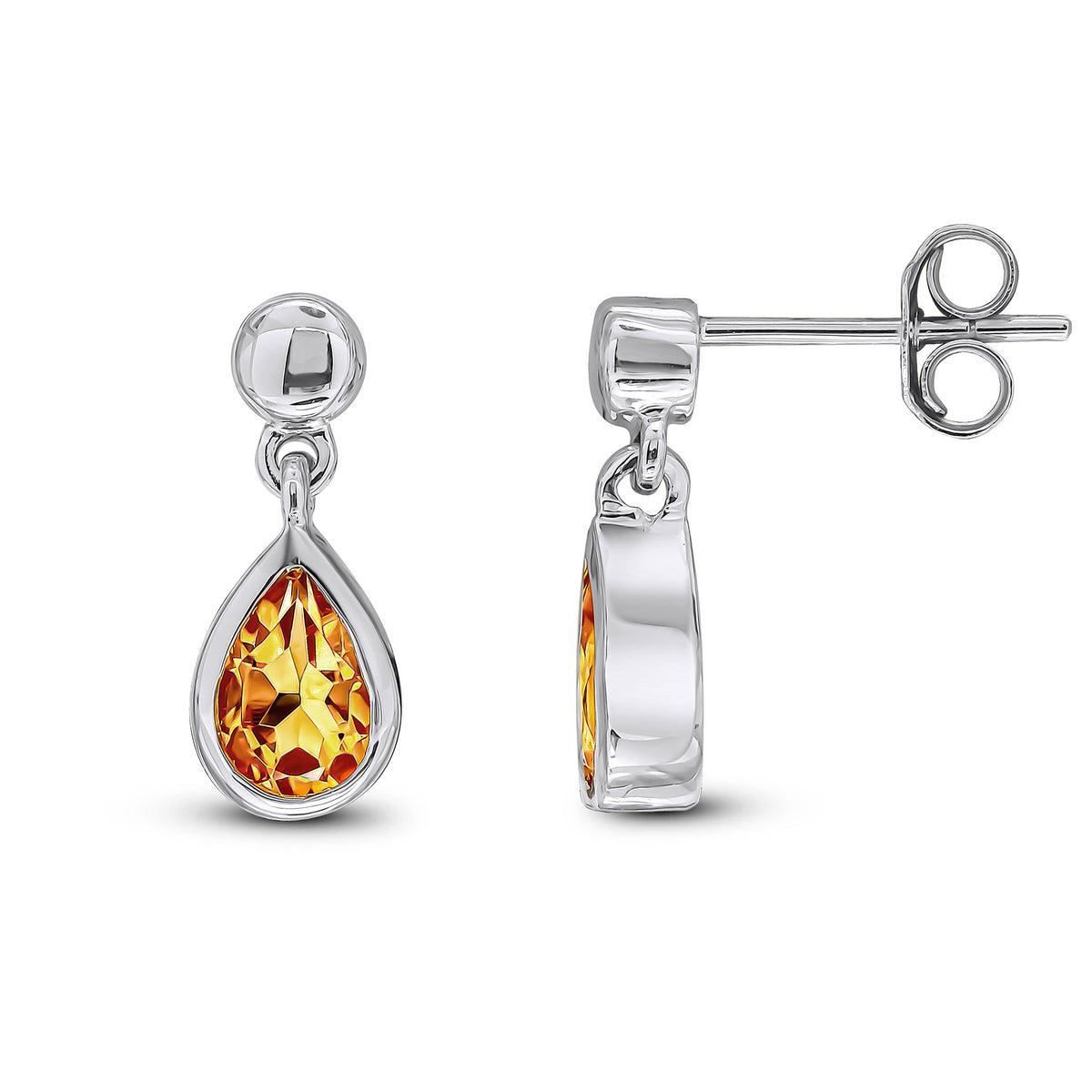 9ct White Gold 6x4mm Pear Shape Citrine Rubover Drop Earrings with 3mm Bead Top