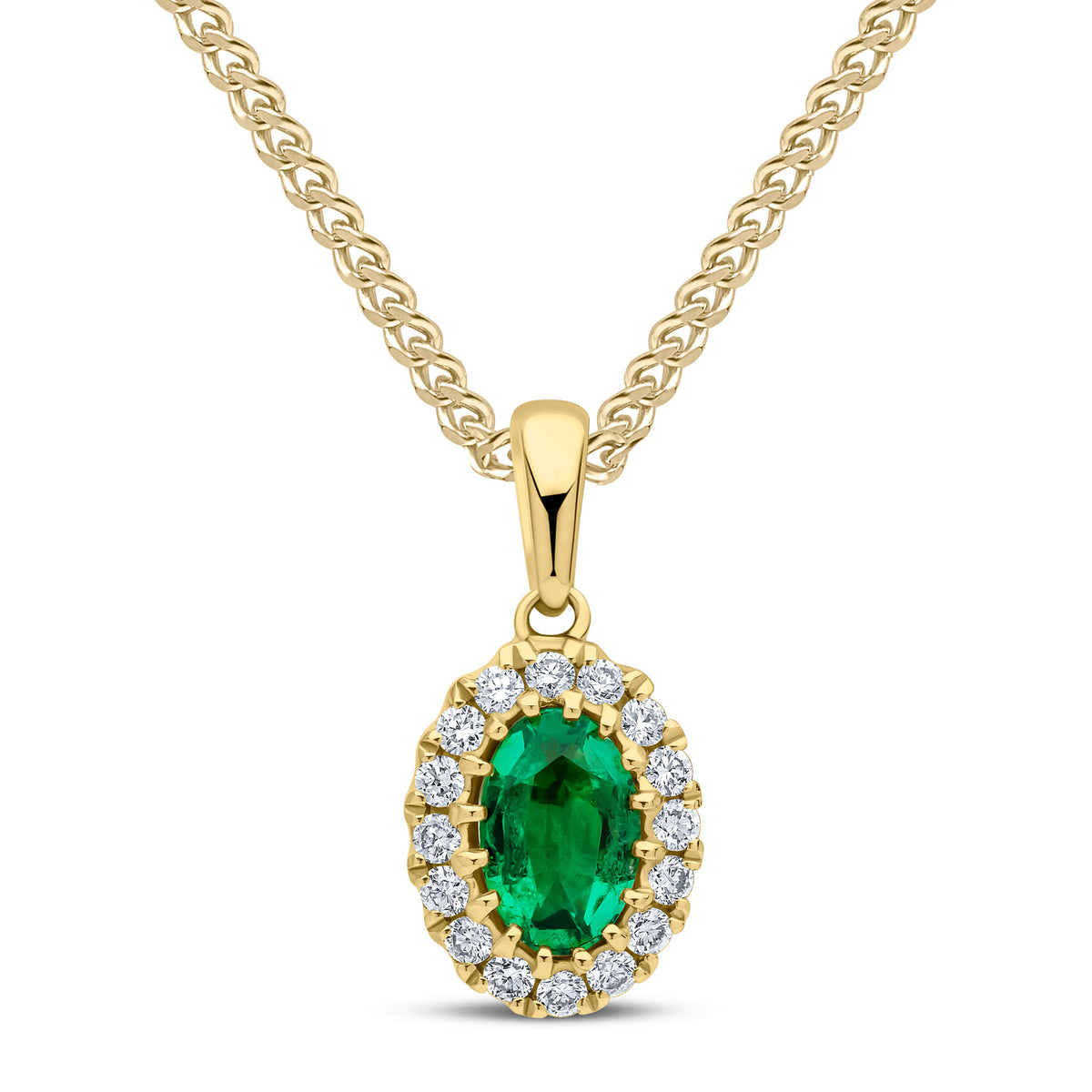 18ct Yellow Gold 6x4 Oval Emerald and Round Diamond Claw Set Cluster Pendant