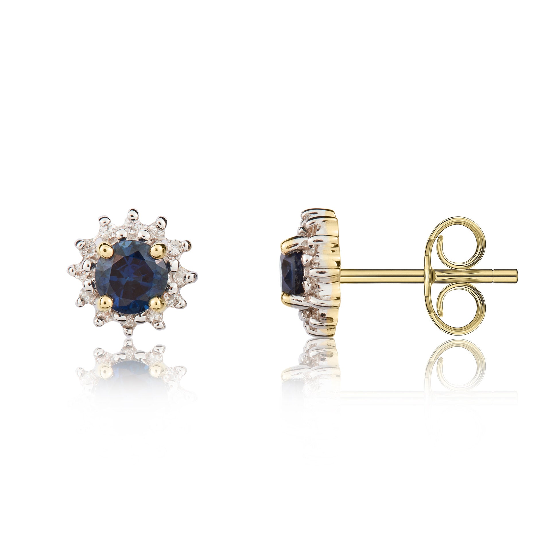 9ct Yellow Gold 4mm Round Sapphire and Diamond Claw Cluster Earrings Rhodium to Diamonds
