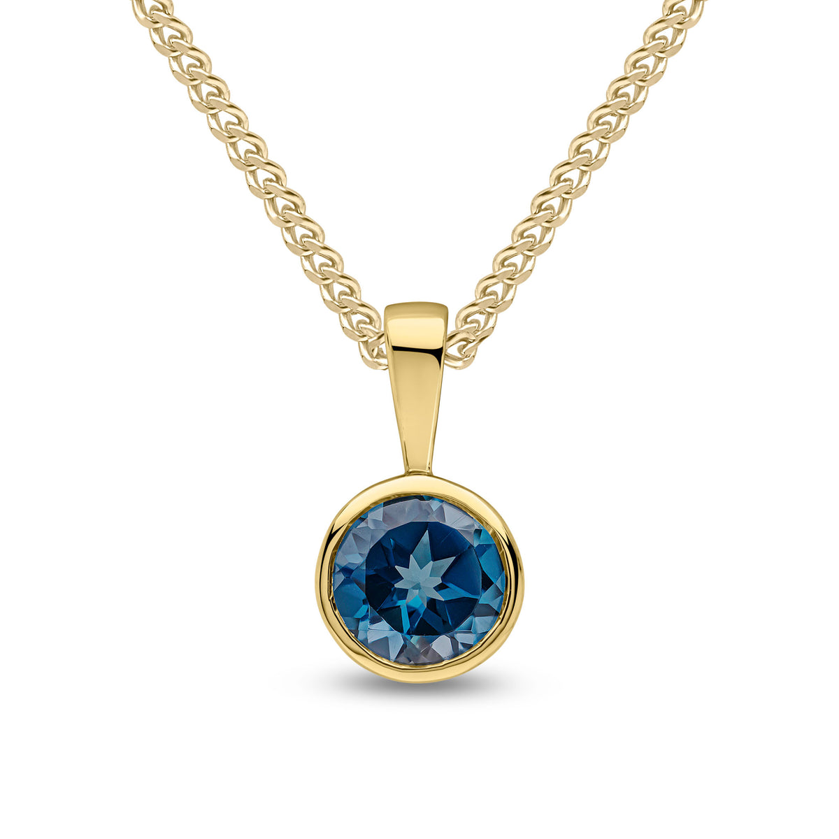 9ct Yellow Gold 6mm Round London Blue Topaz Rubover Pendant