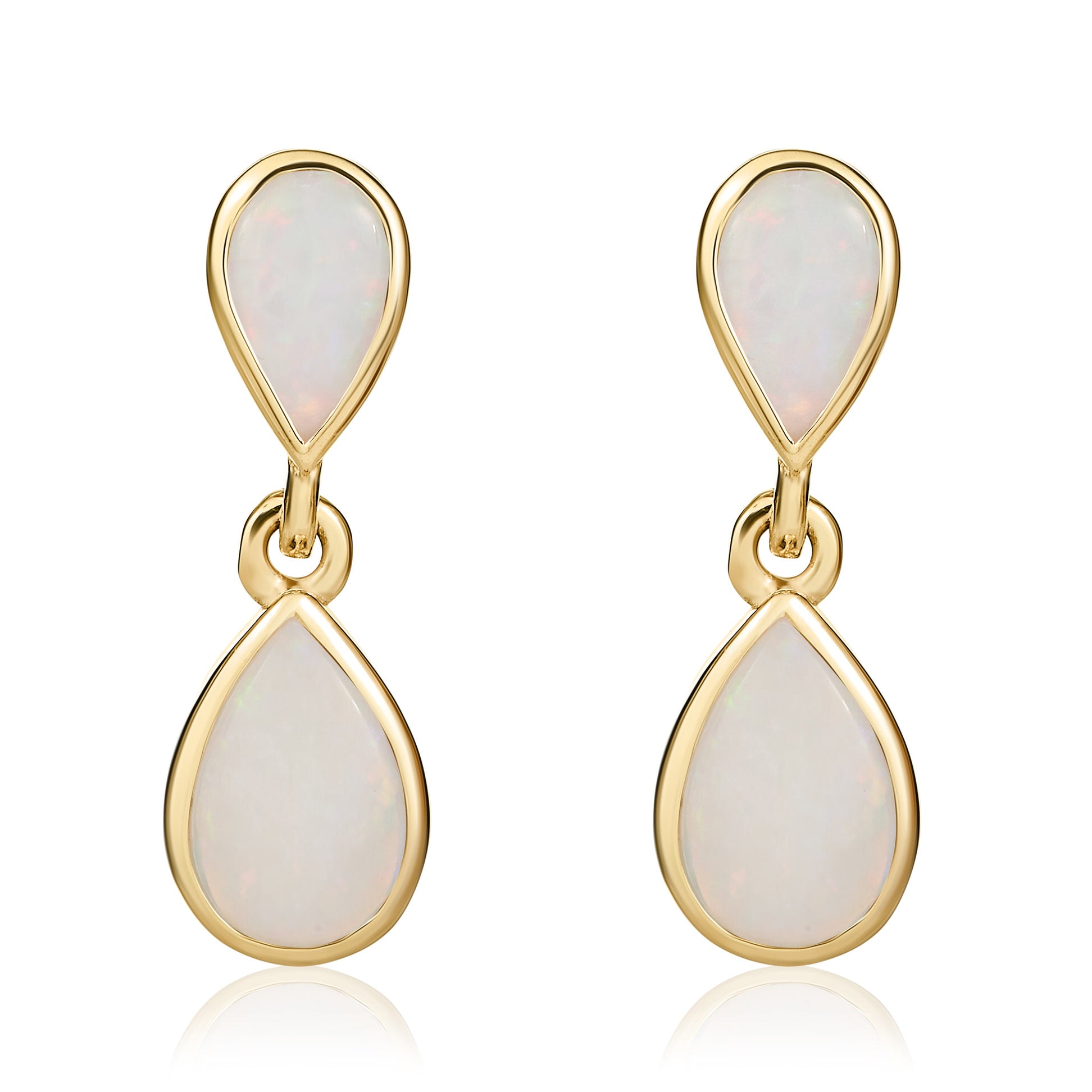 9ct Yellow Gold Pear Shape Opal 2 Stone Rubover Drop Earrings