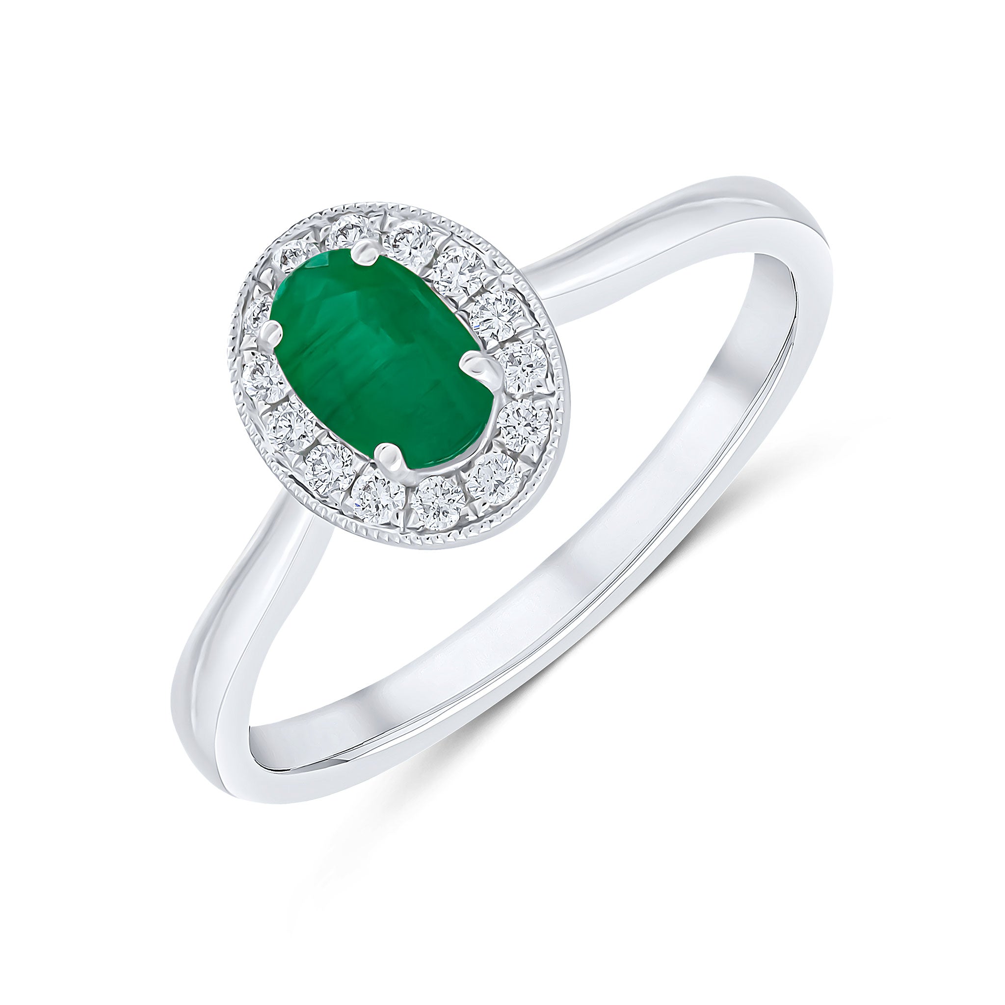 18ct White Gold Claw Set 6x4 Oval Emerald and Milgrain Diamond Cluster Ring