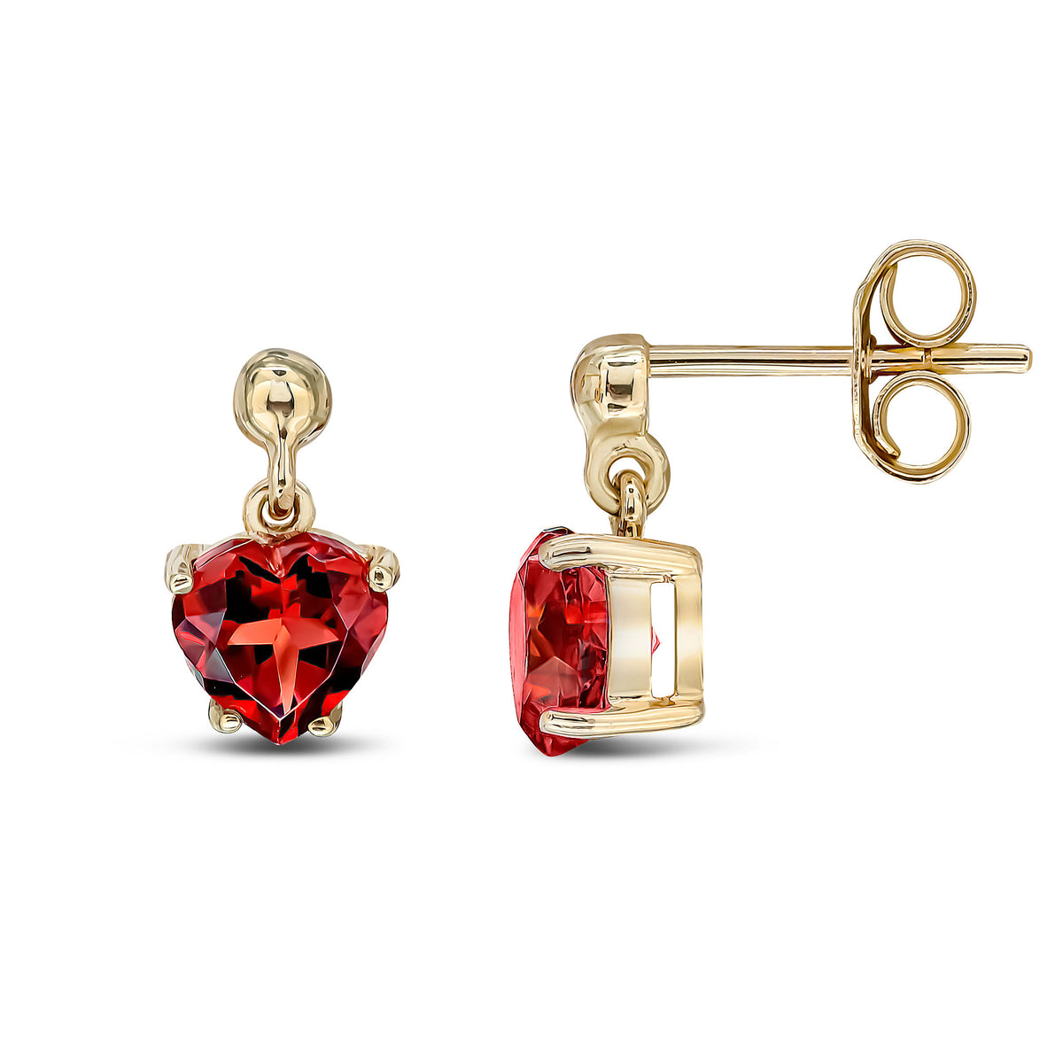 9ct Yellow Gold 6mm Heart-Shape Garnet Claw Set Drop Earrings with 3mm Bead Top