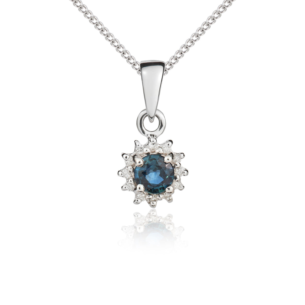 9ct White Gold 4mm Round Sapphire and Diamond Claw Set Cluster Pendant with Plain Loop Top