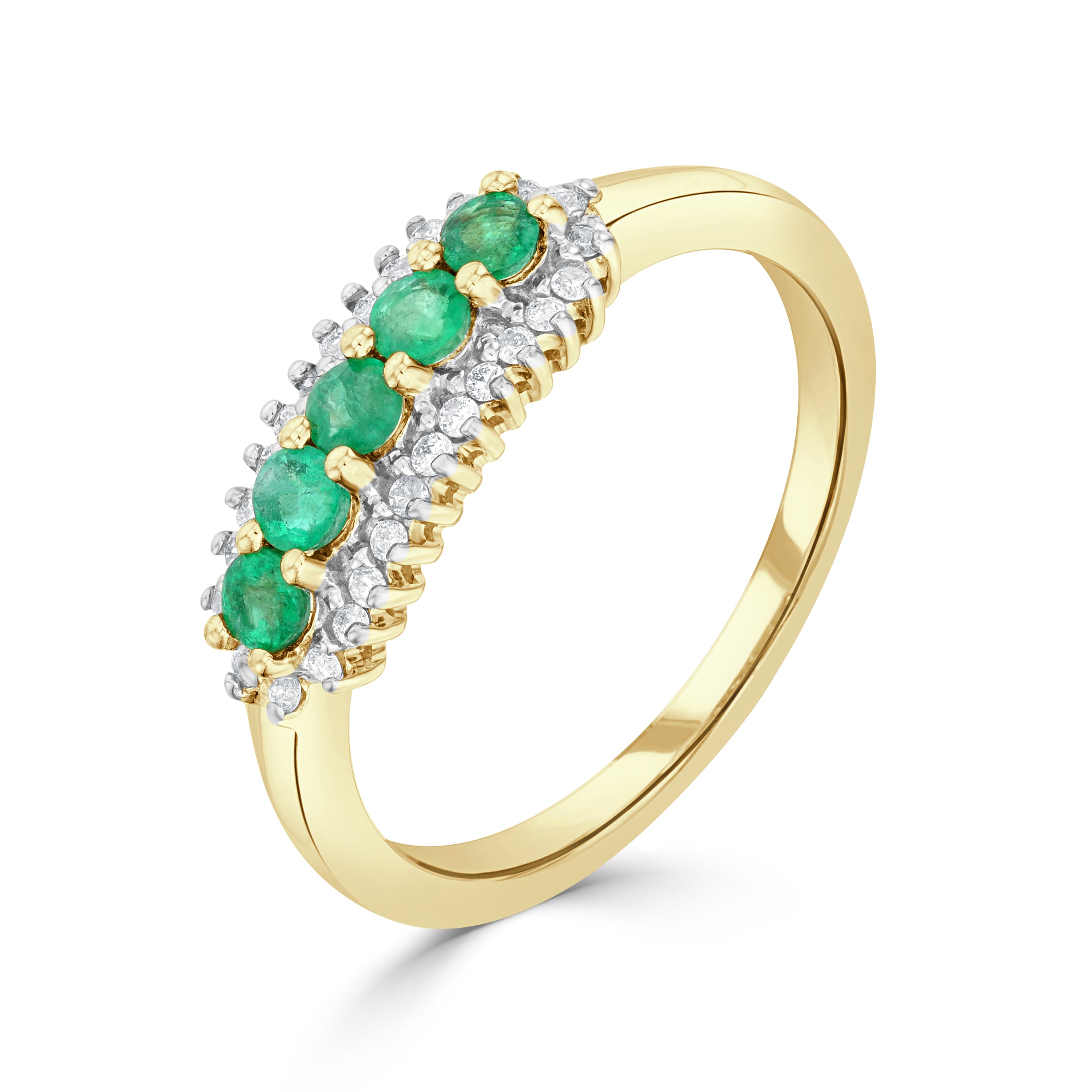 9ct Yellow Gold Round Emerald and Round Diamond 3 Row Claw Set Band Ring Rhodium to Diamonds