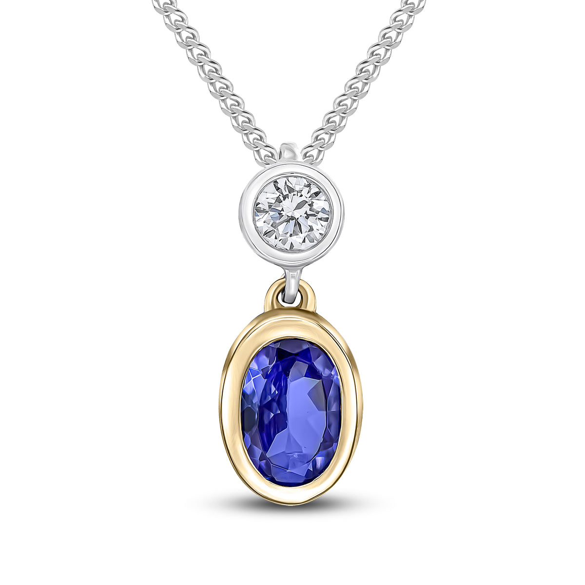 18ct Ywg Oval Tanzanite & Round Diamond 2 Stone Rubover Slider Pendant