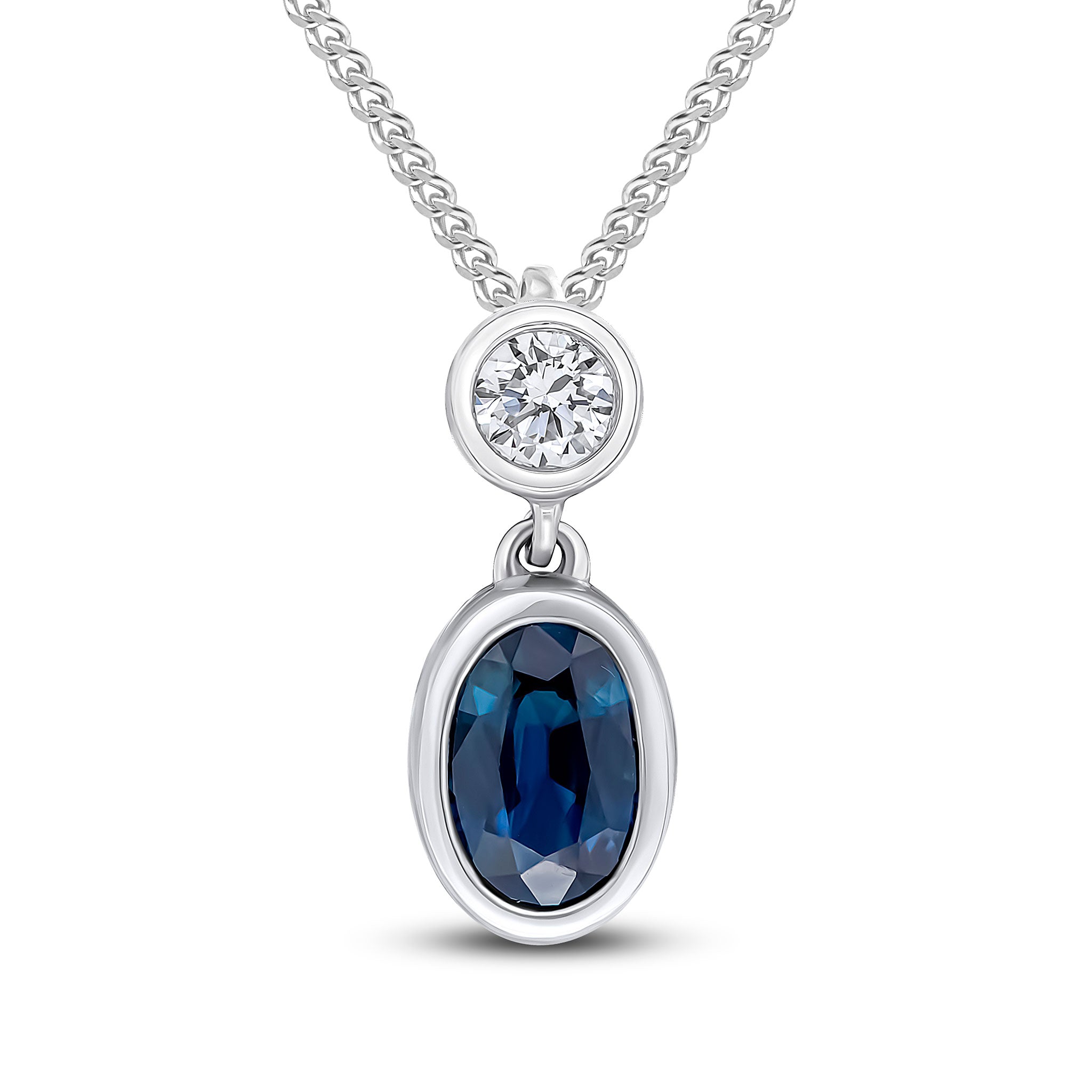 18ct White Gold Oval Sapphire & Round Diamond 2 Stone Rubover Slider Pendant