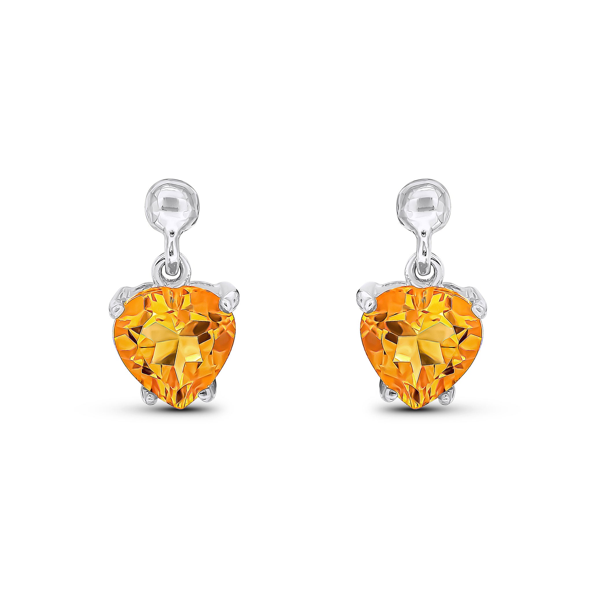 9ct White Gold 6mm Heart-Shape Citrine Claw Set Drop Earrings with 3mm Bead Top