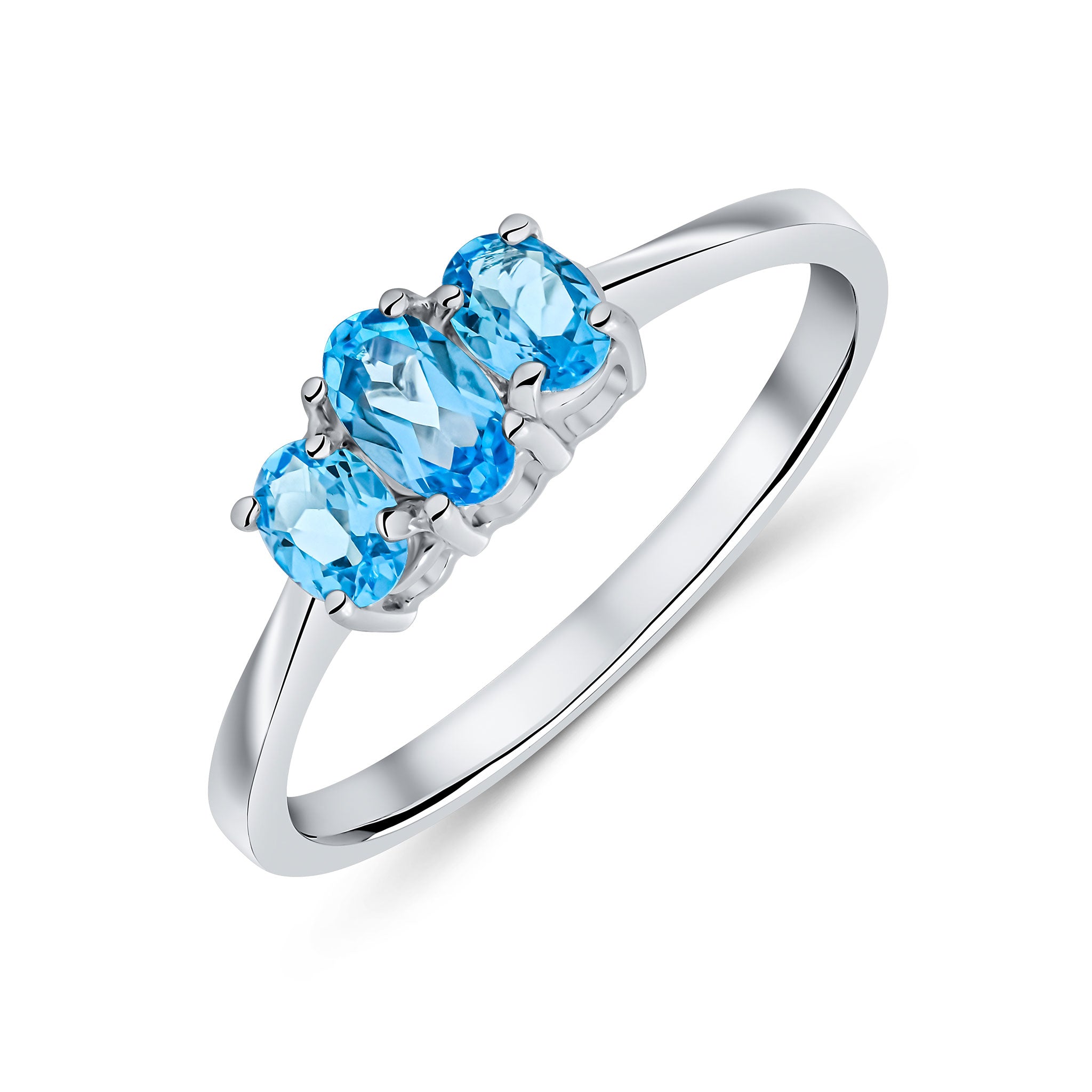 9ct White Gold Oval Swiss Blue Topaz 3 Stone Claw Set Ring