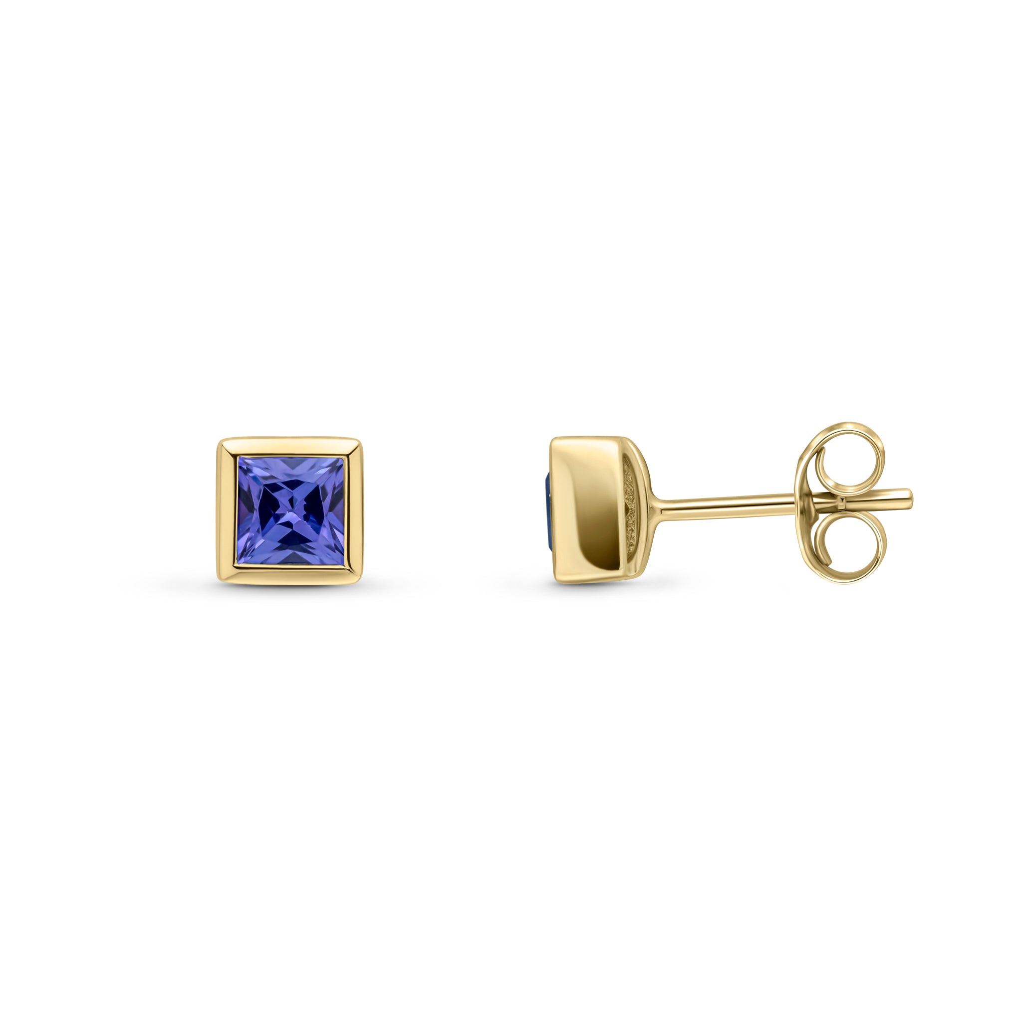9ct Yellow Gold 4mm Square Tanzanite Rubover Set Stud Earrings