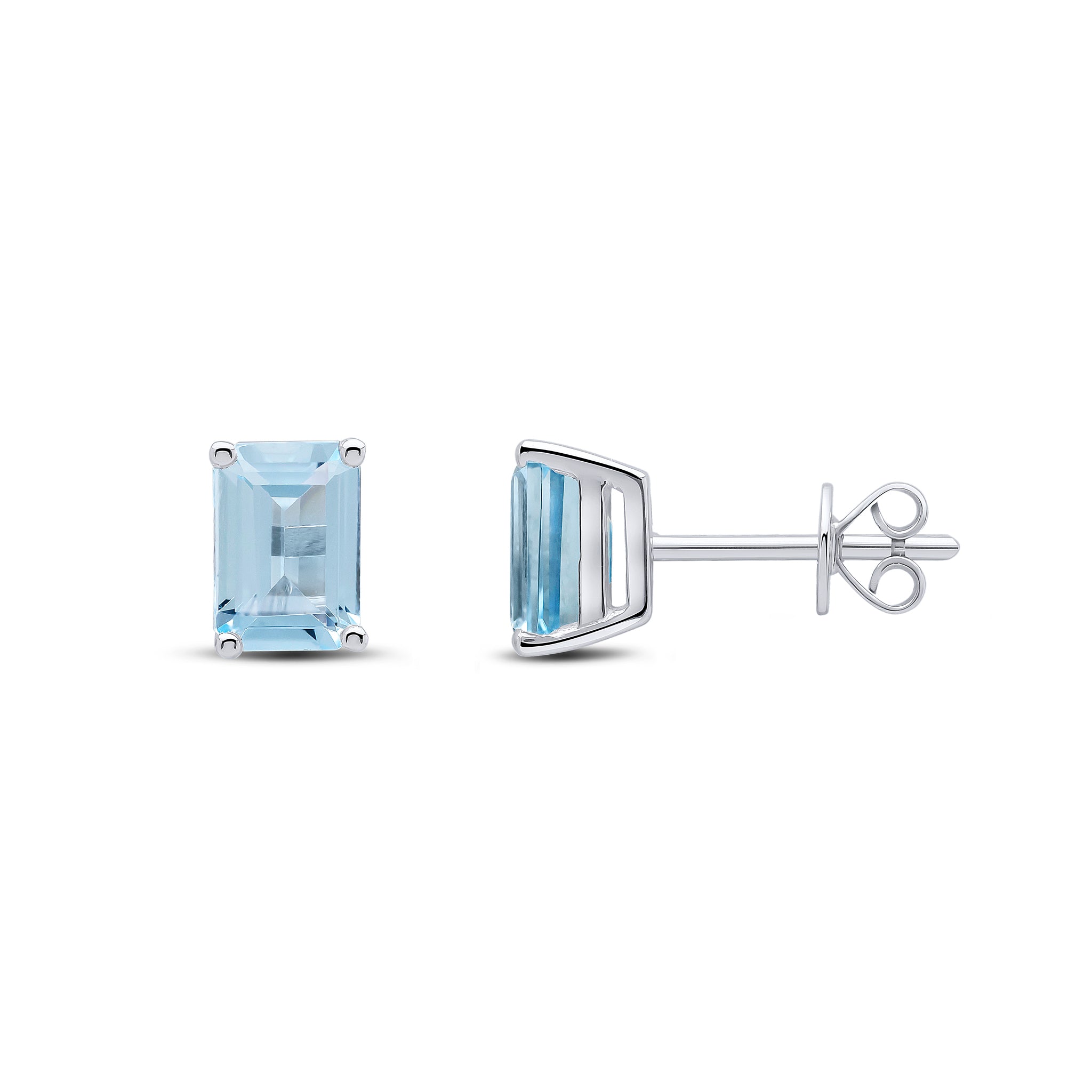 9ct White Gold 7x5mm Octagon Aquamarine Claw Set Stud Earrings