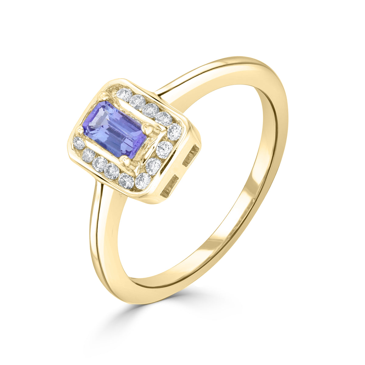 9ct Yellow Gold Claw Set 5x3 Octagon Tanzanite and Channel Set Round Diamond Cluster Ring
