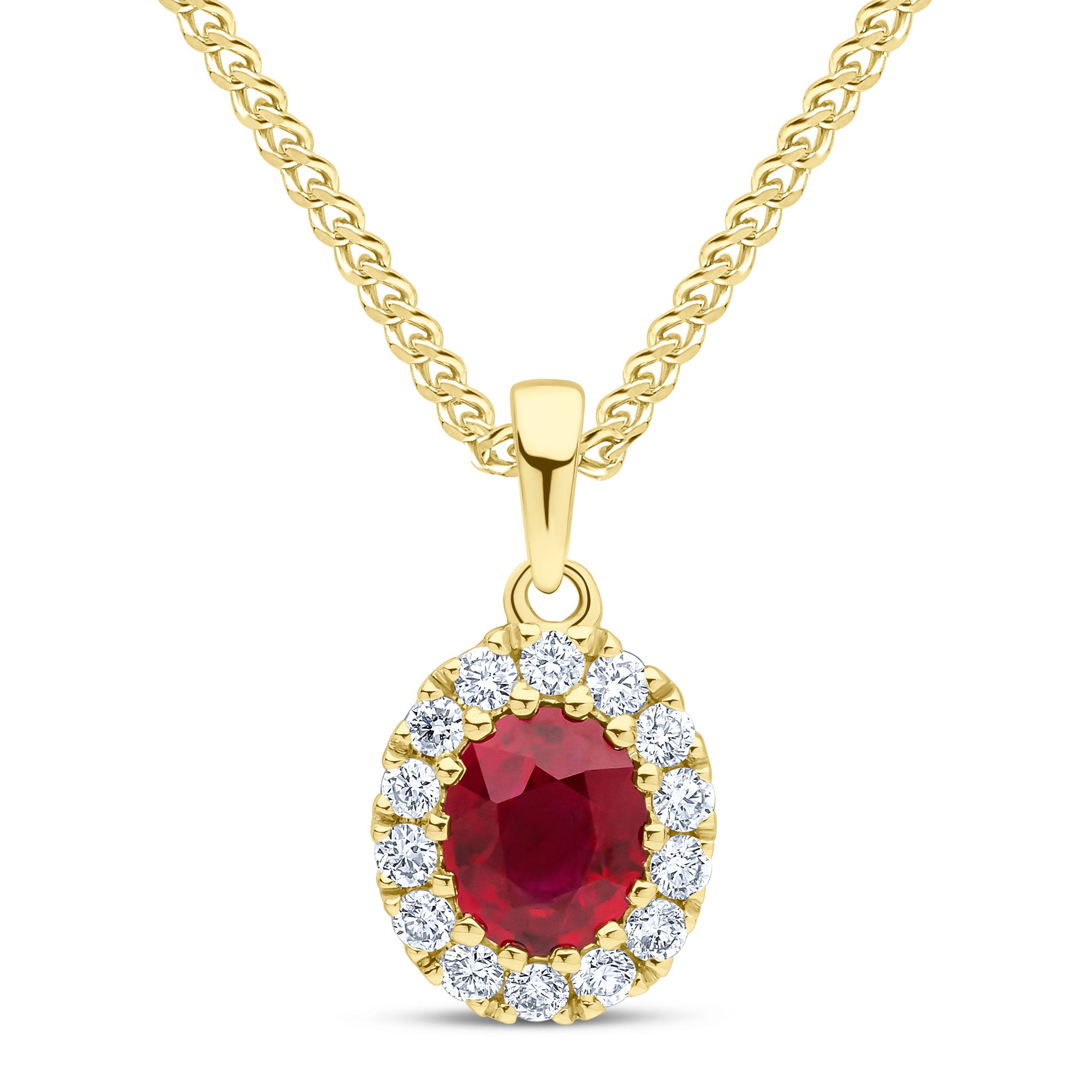 18ct Yellow Gold 5x4 Oval Ruby and Round Diamond Claw Set Cluster Pendant