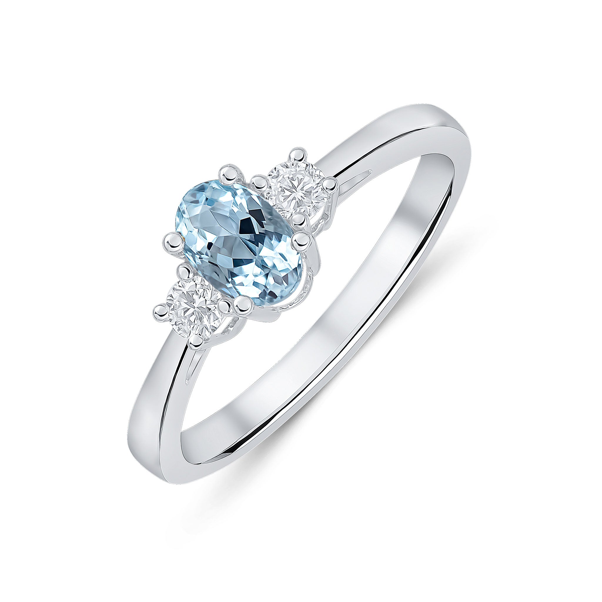 9ct White Gold 6x4 Oval Aquamarine and Round Diamond Claw Set 3 Stone Ring