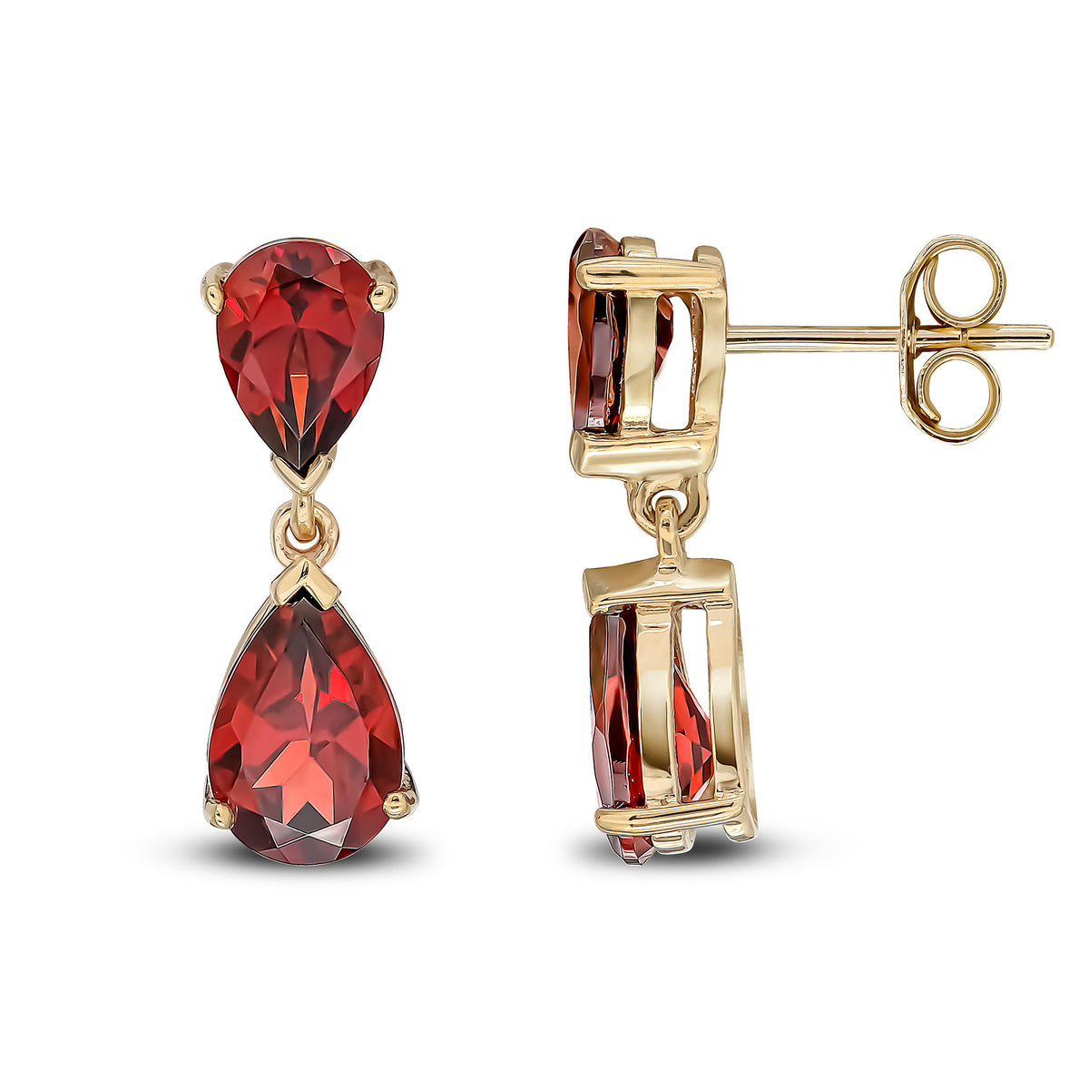 9ct Yellow Gold Pear Shape Garnet 2 Stone Claw Set Drop Earrings