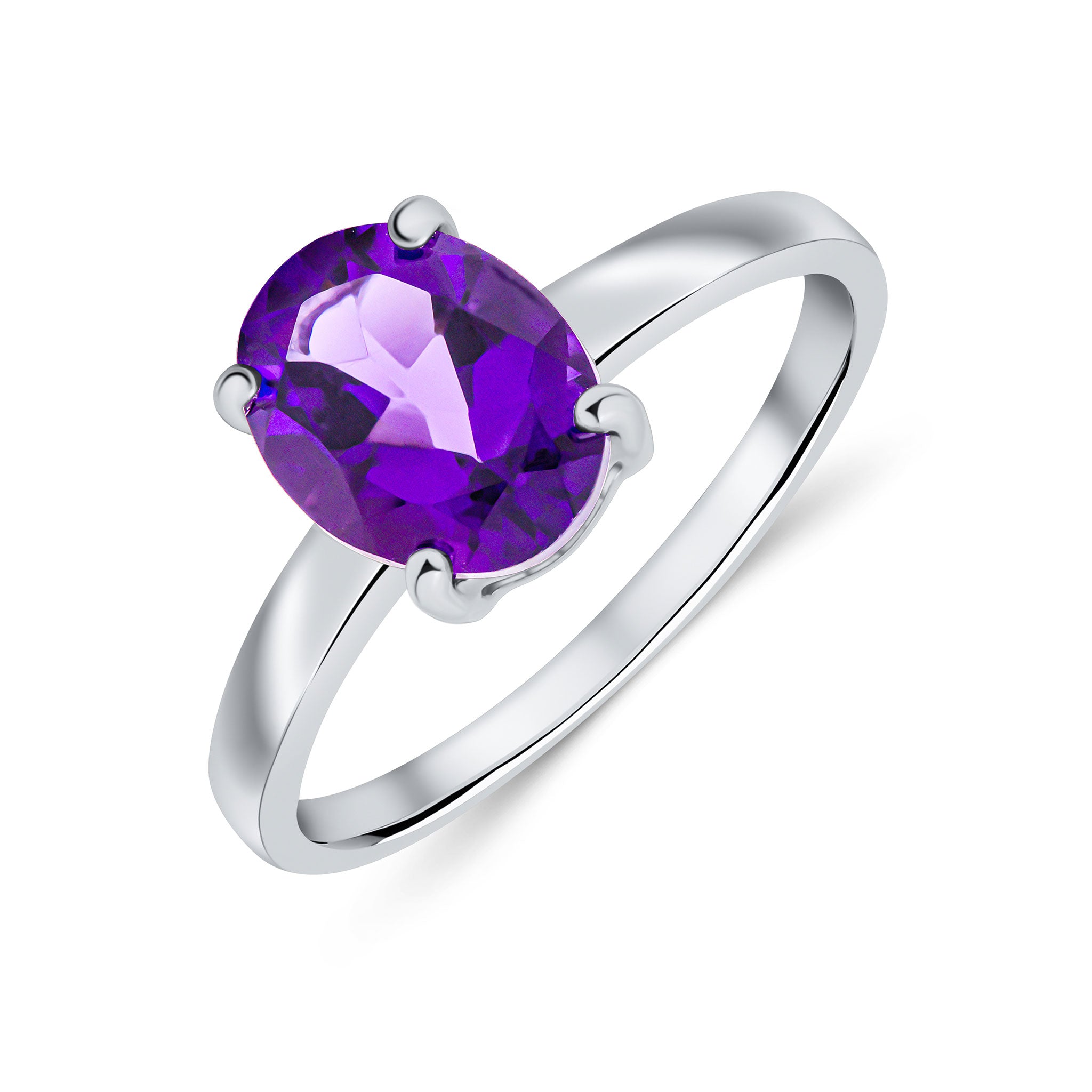9ct White Gold 9x7mm Oval Amethyst Claw Set Single Stone Ring