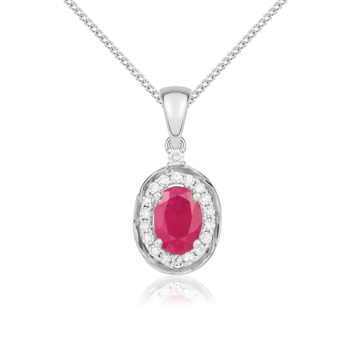 9ct White Gold 6x4 Oval Ruby & Diamond Cluster Pendant with Rope Edge