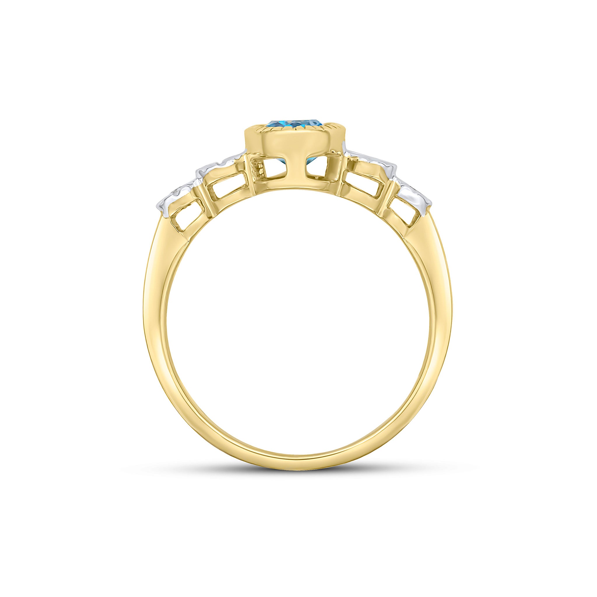 9CT YELLOW GOLD MILLEGRAIN OVAL SWISS BLUE TOPAZ AND ILLUSION DIAMOND 4ST SHOULDERS RING 1