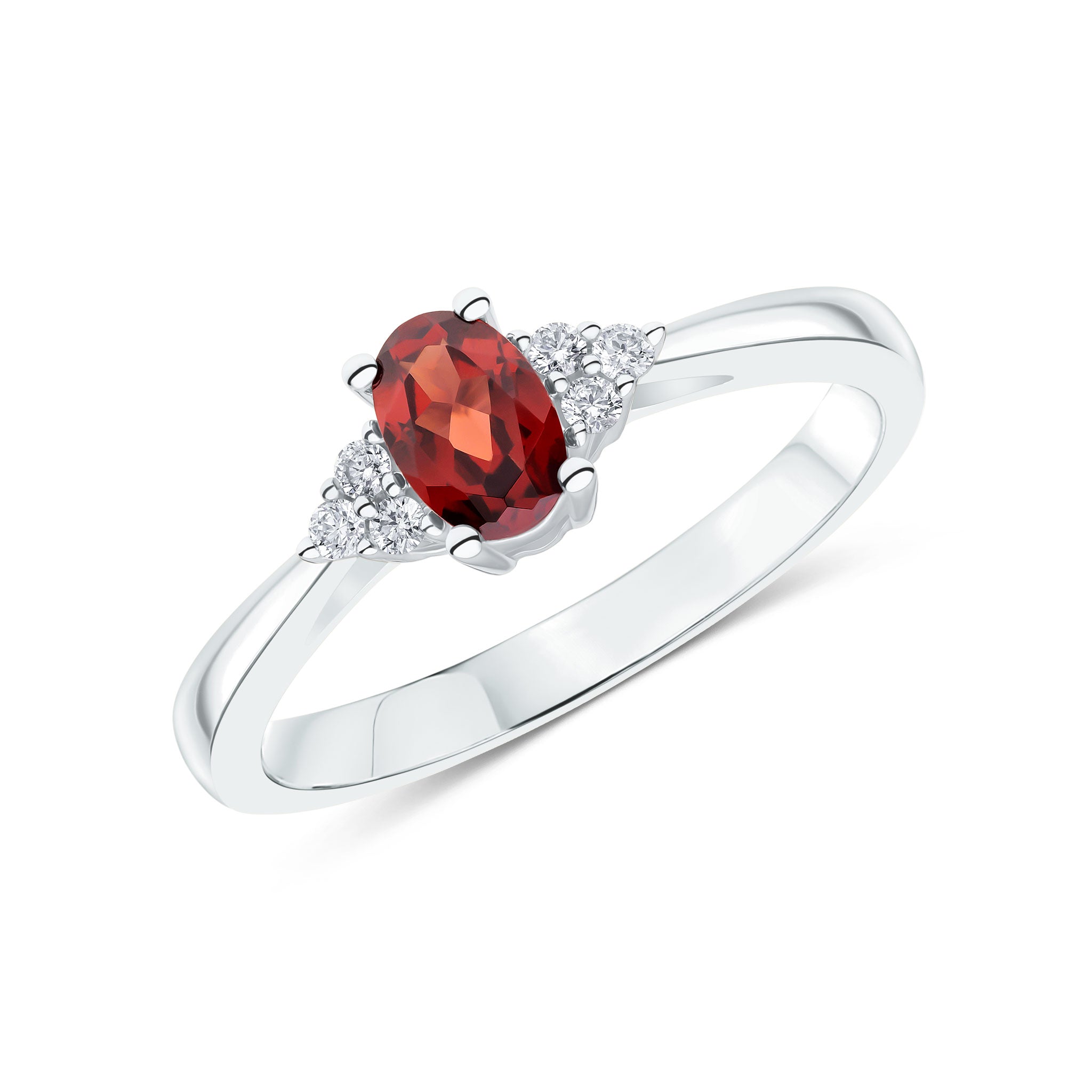 9CT WG 6X4 OVAL GARNET AND ROUND DIAMOND TREFOIL SHOULDERS RING 1