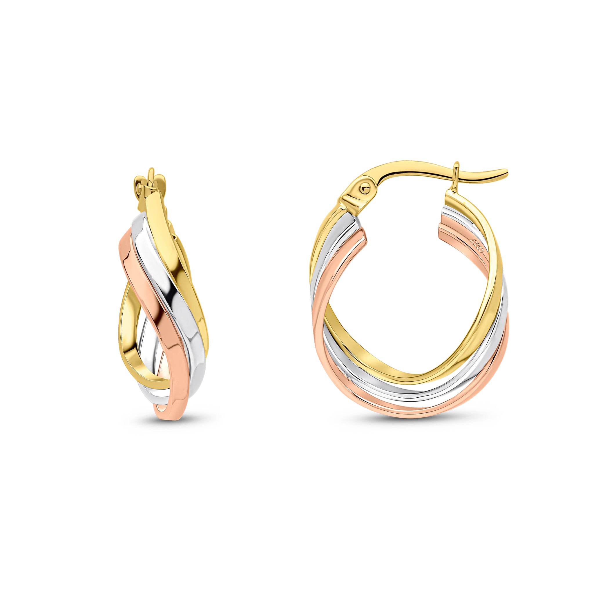 9ct Yellow White and Rose gold 3 Row Curved Hoop Earrings