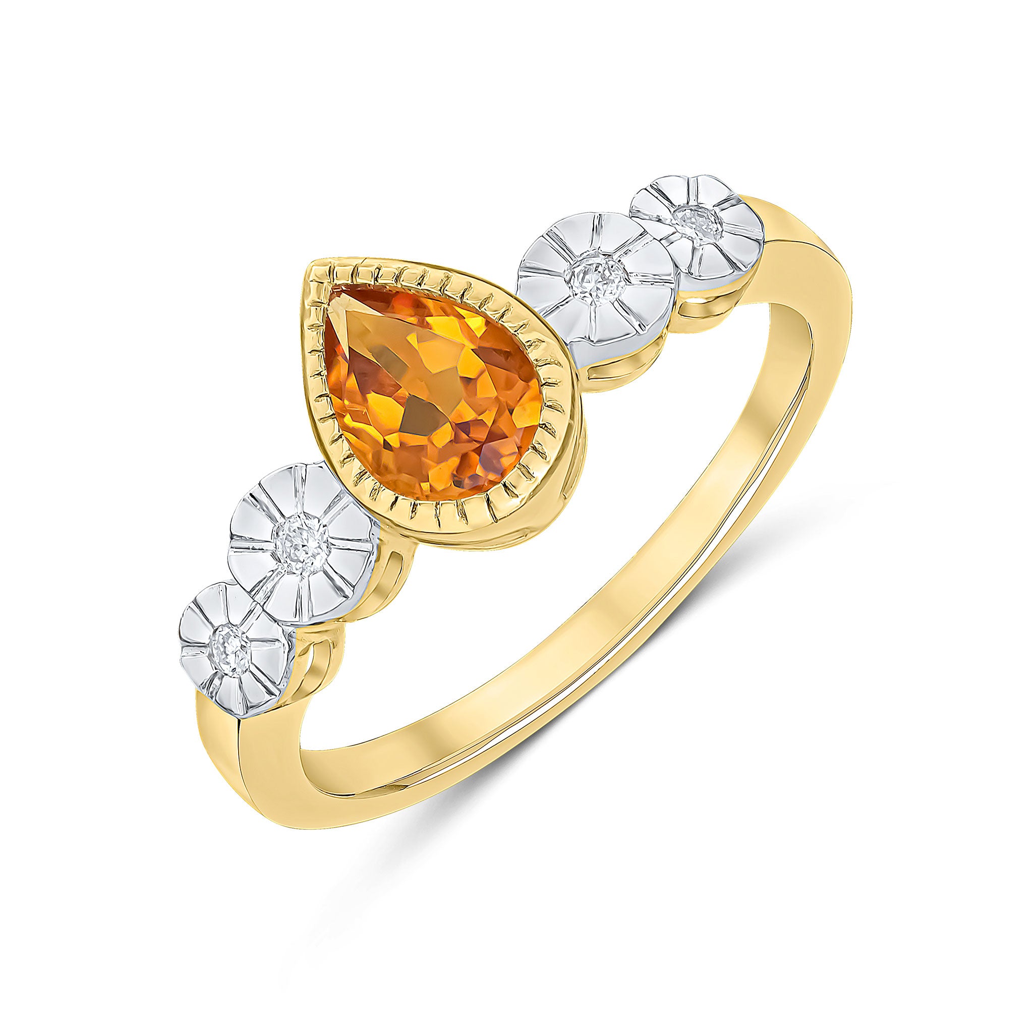 9ct Yellow Gold Milgrain Pear Shape Citrine and Illusion Diamond 4 Stone Shoulders Ring Rhodium to Diamonds