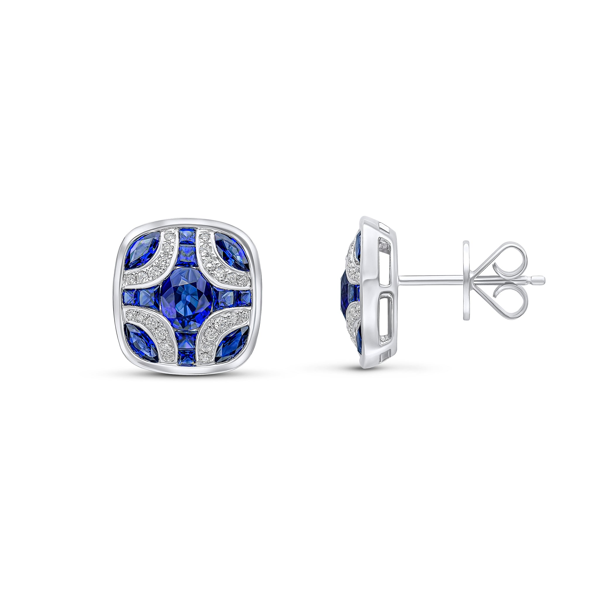 18ct White Gold Sapphire and Diamond Shield Stud Earrings