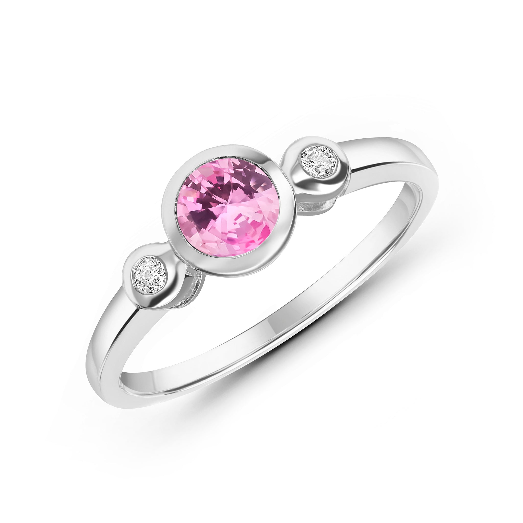 9ct White Gold 5mm Round Pink Tourmaline and Diamond Rubover 3 Stone Ring