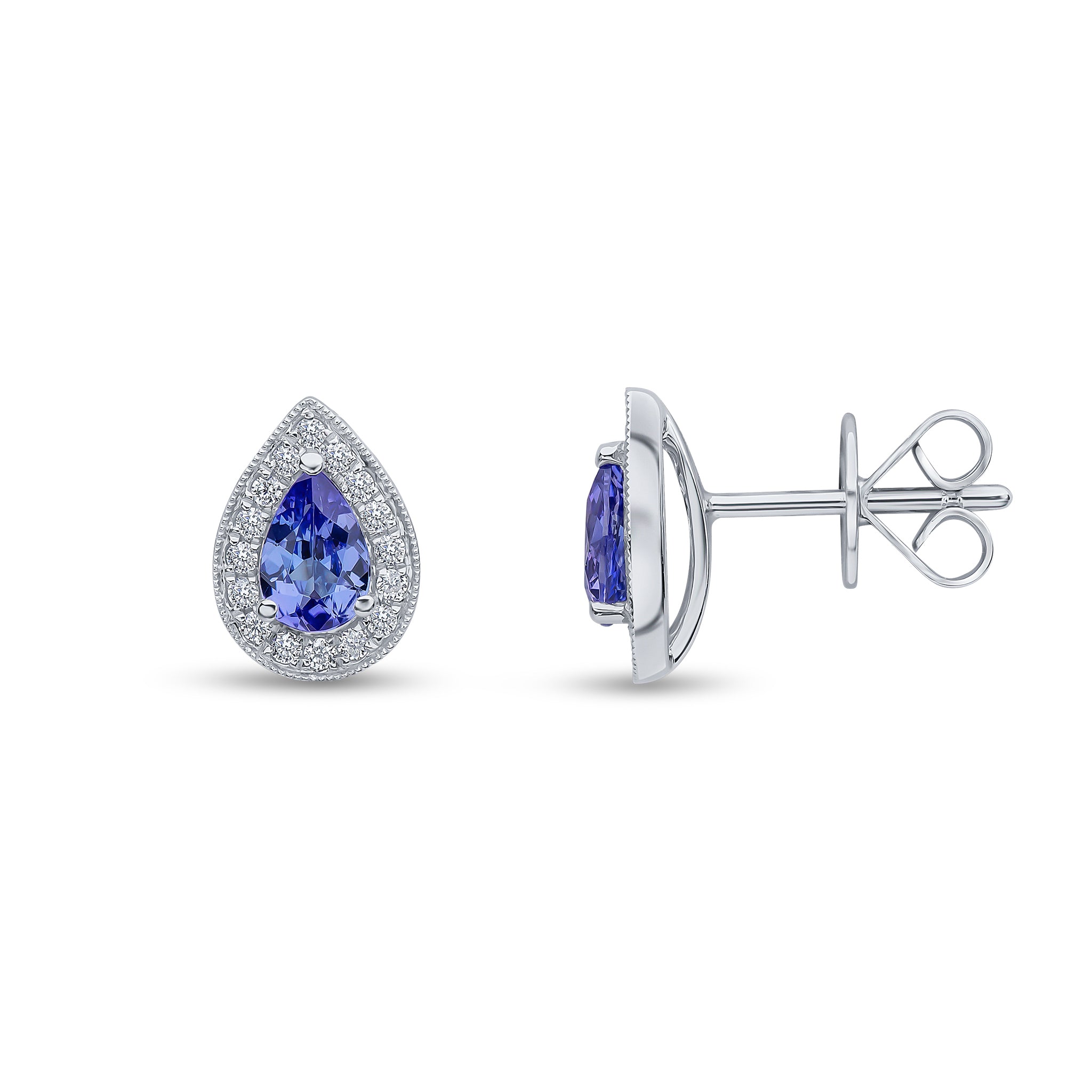 18ct White Gold Claw Set 6x4 Pear Shape Tanzanite and Milgrain Set Round Diamond Cluster Earrings