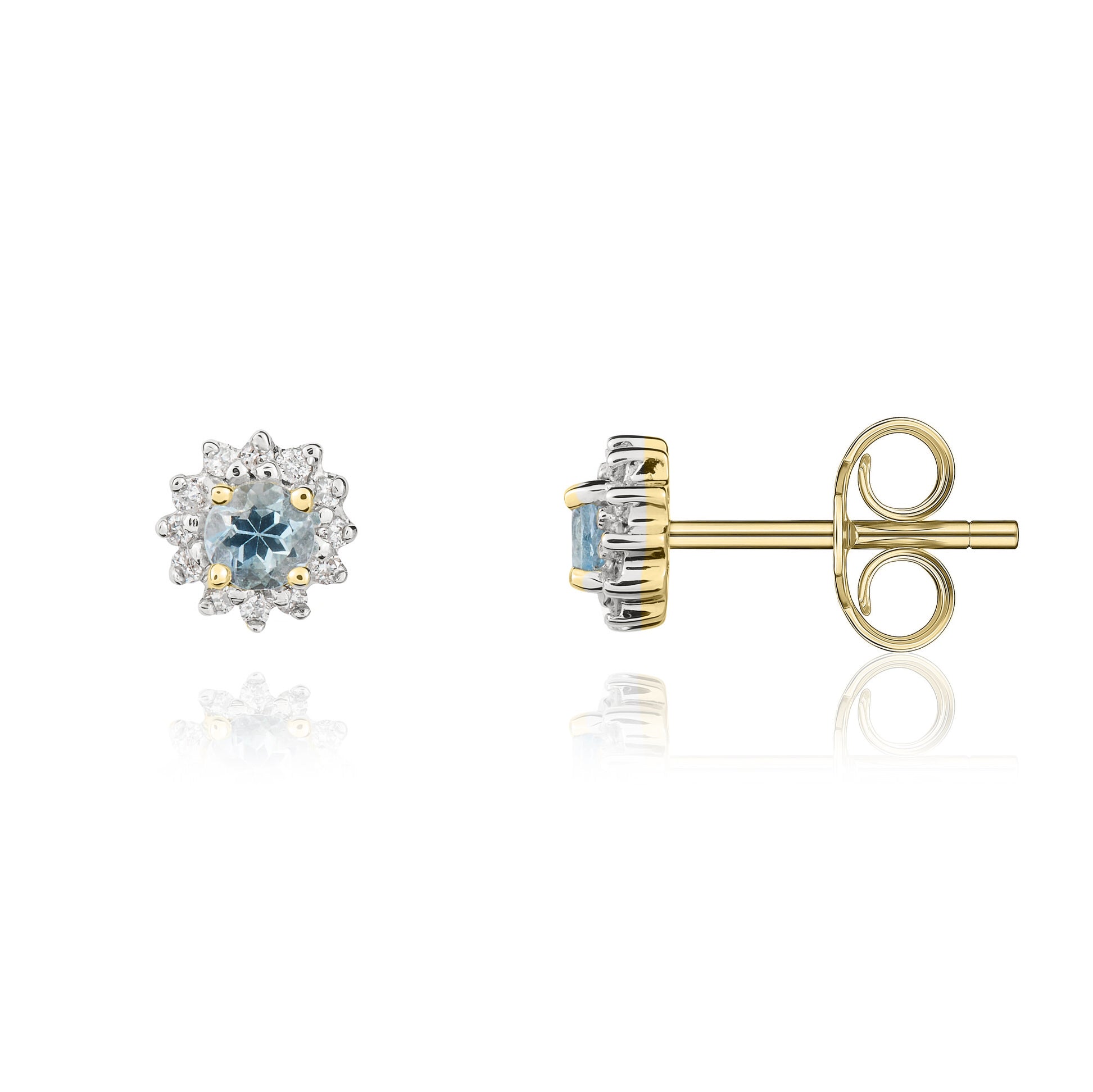 9ct Yellow Gold 3mm Round Aquamarine and Diamond Claw Cluster Earrings Rhodium to Diamonds
