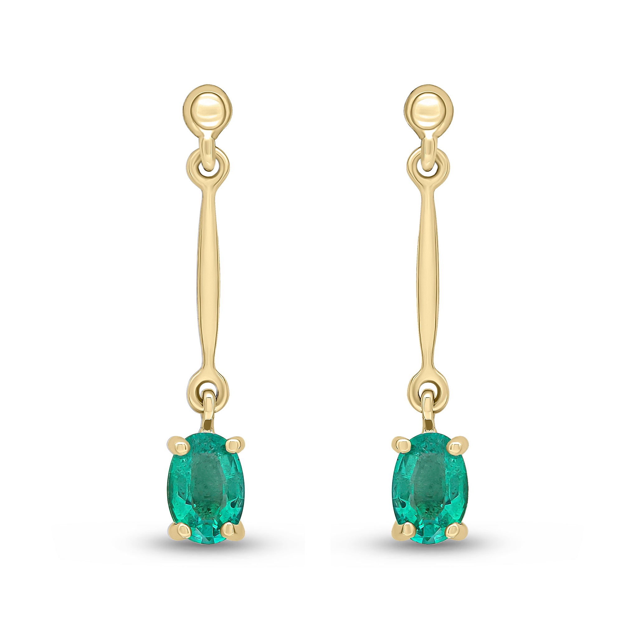 9ct Yellow Gold Claw Set 6x4mm Oval Emerald and Bar Drop Earrings