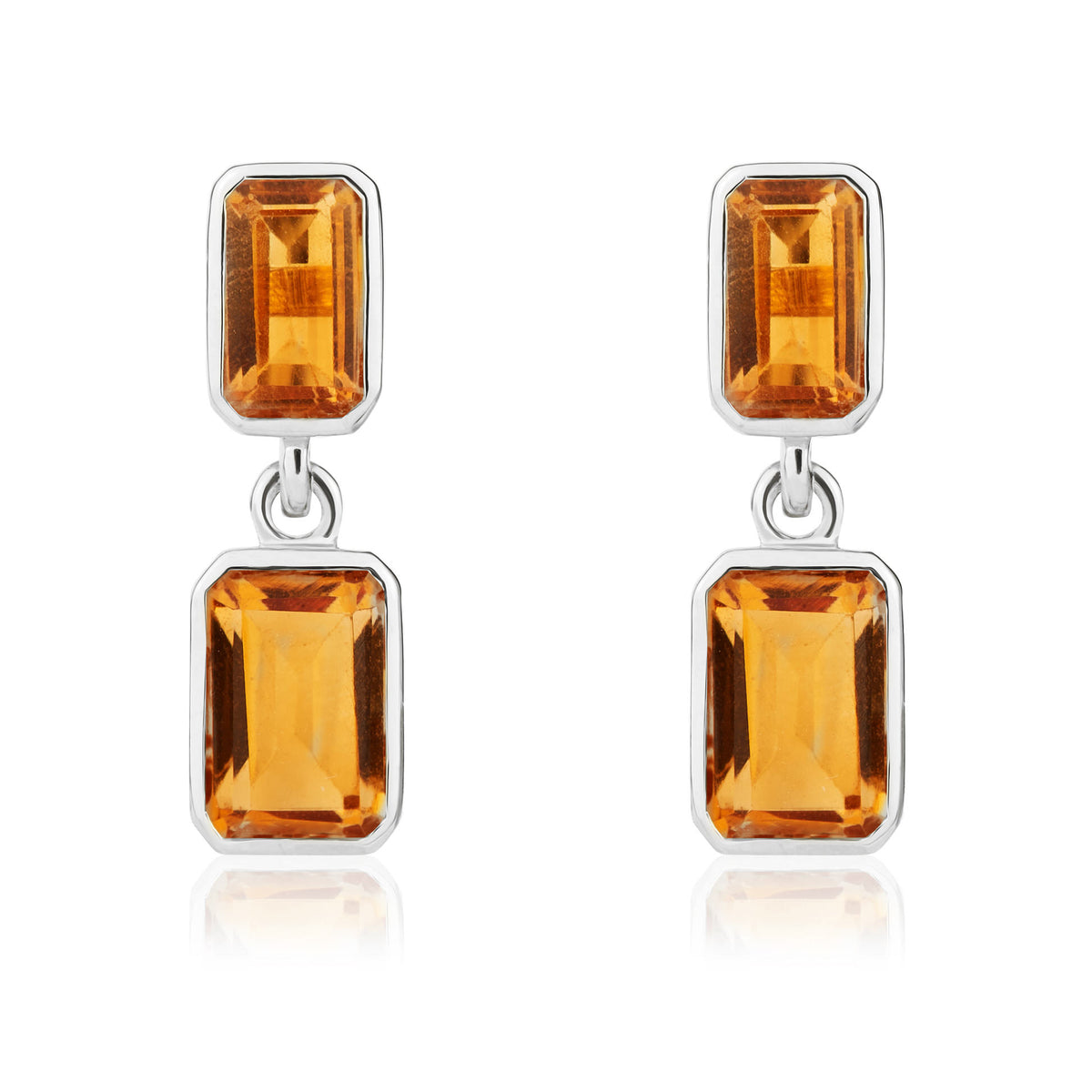 9ct White Gold Octagon Citrine 2 Stone Rubover Drop Earrings