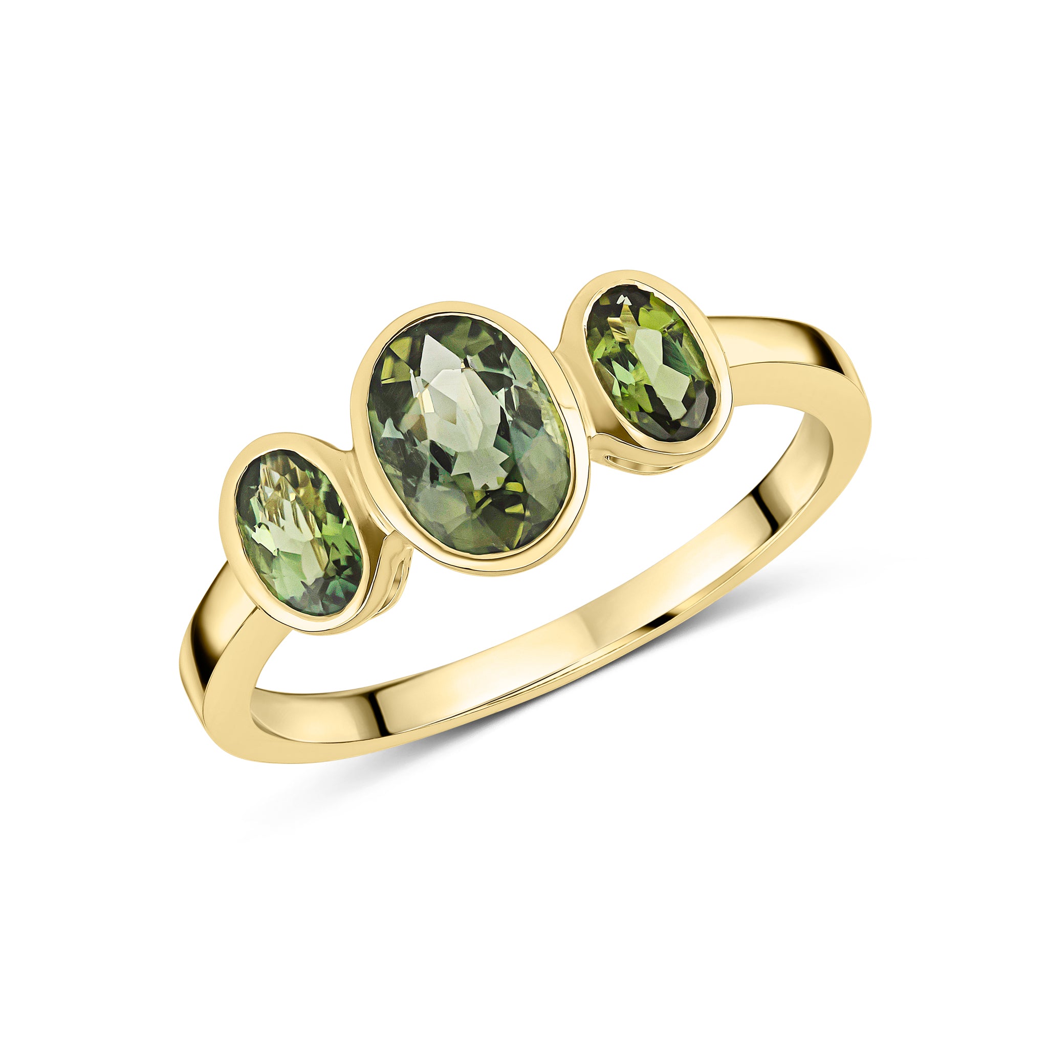9ct Yellow Gold Oval Green Tourmaline Rubover Set 3 Stone Ring
