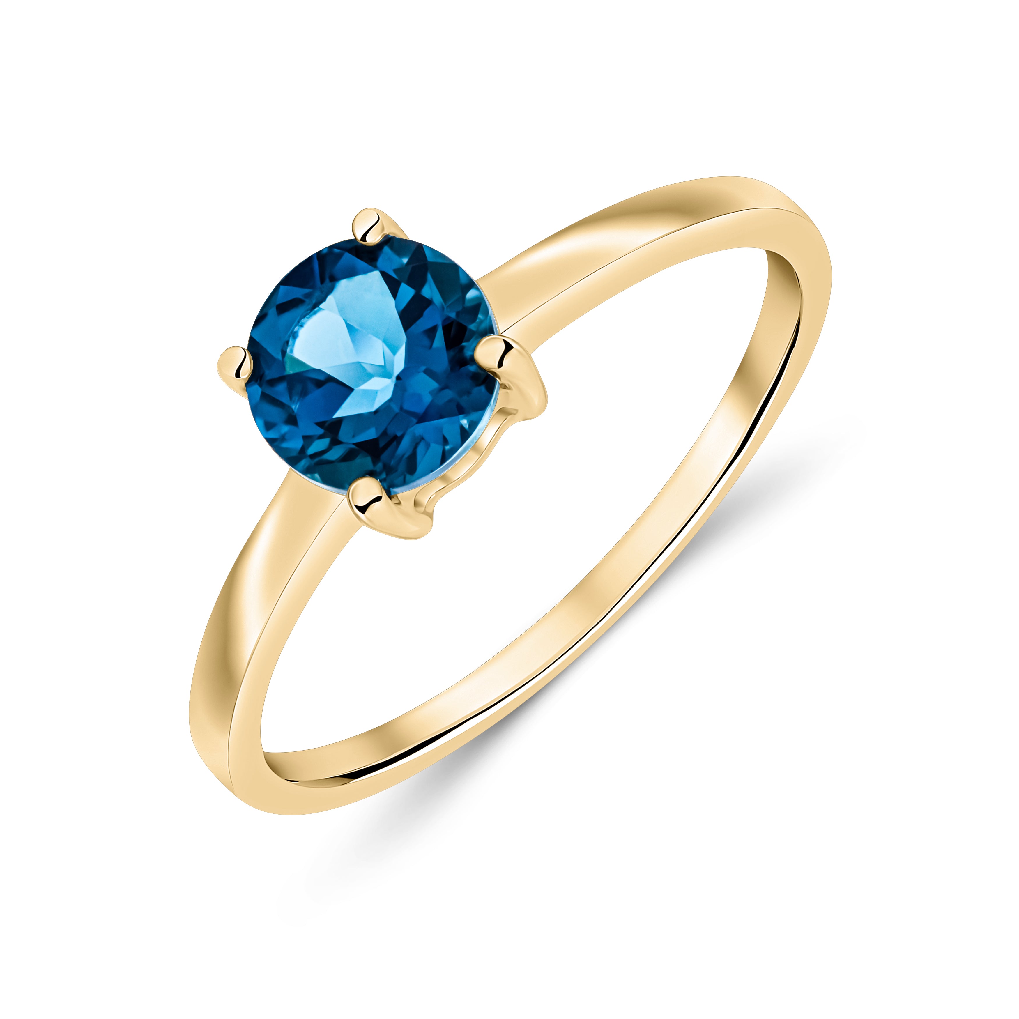 9ct Yellow Gold 6mm Round London Blue Topaz 4 Claw Single Stone Ring