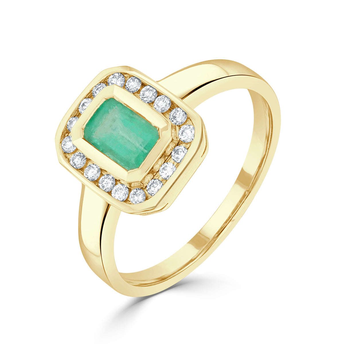 9ct Yellow Gold Rubover 6x4 Octagon Emerald & Channel Set Diamond Cluster Ring