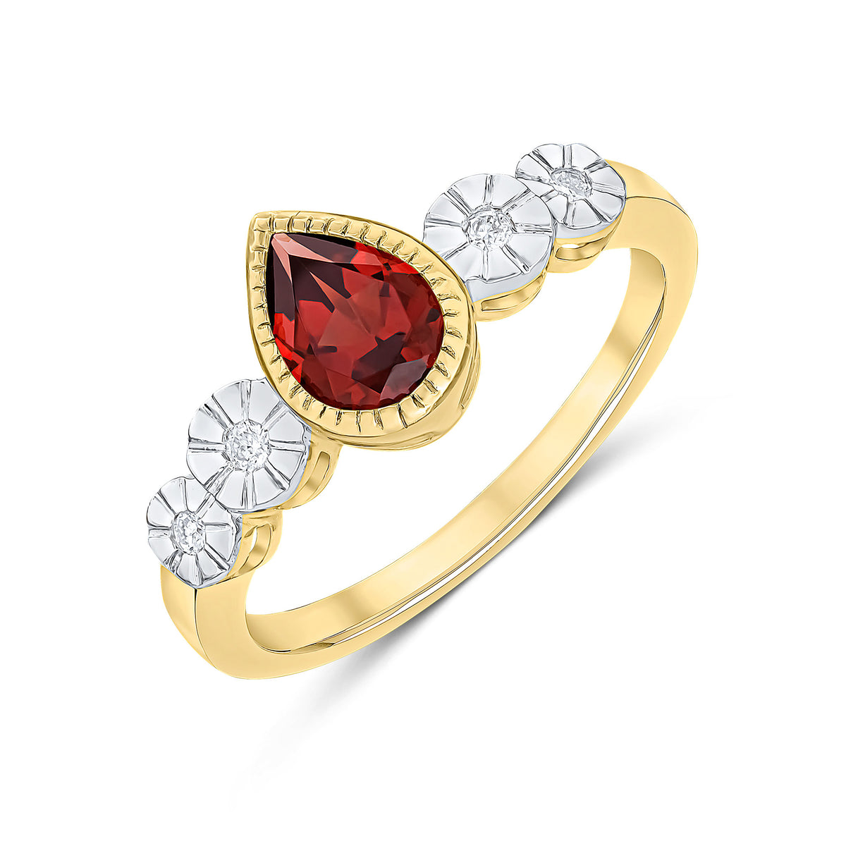 9ct Yellow Gold Milgrain Pear Shape Garnet and Illusion Diamond 4 Stone Shoulders Ring Rhodium to Diamonds