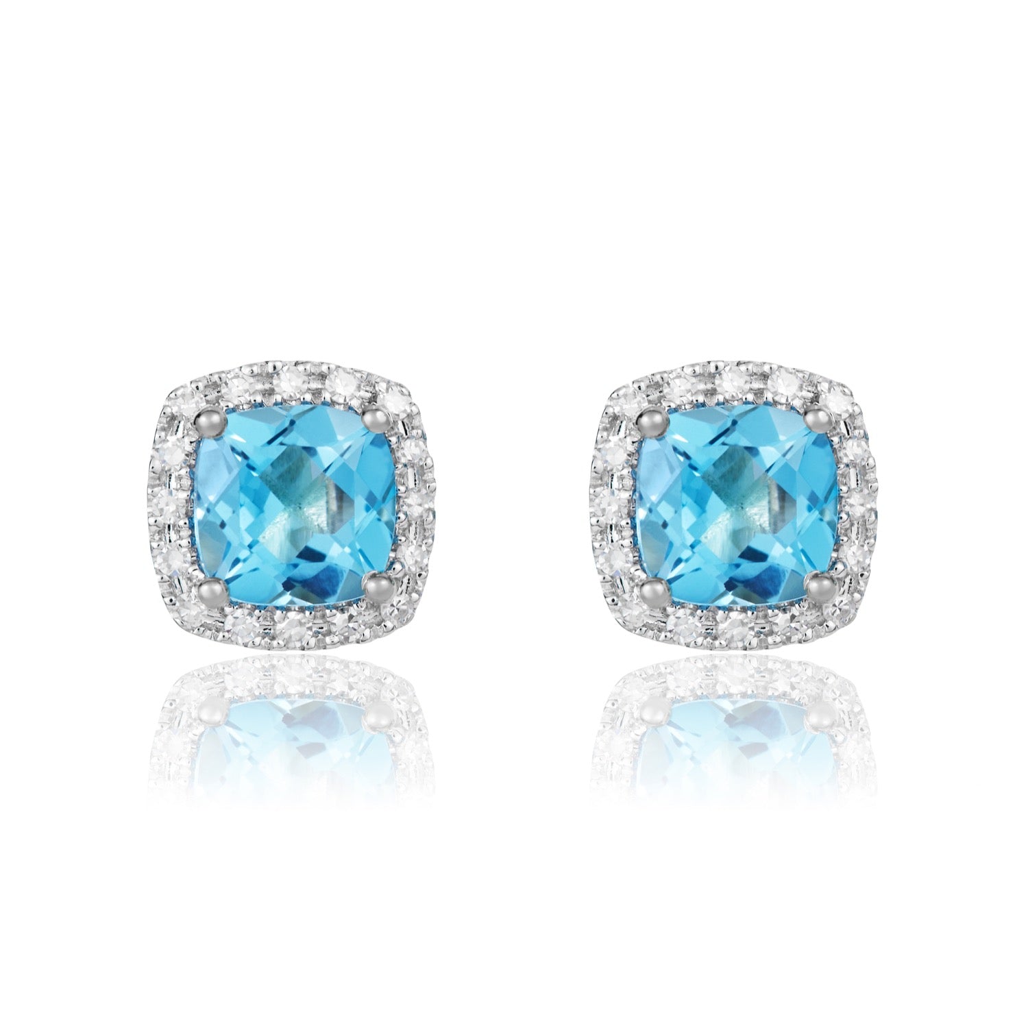 9ct White Gold 6mm Cushion Swiss Blue Topaz & Diamond Claw Cluster Earrings