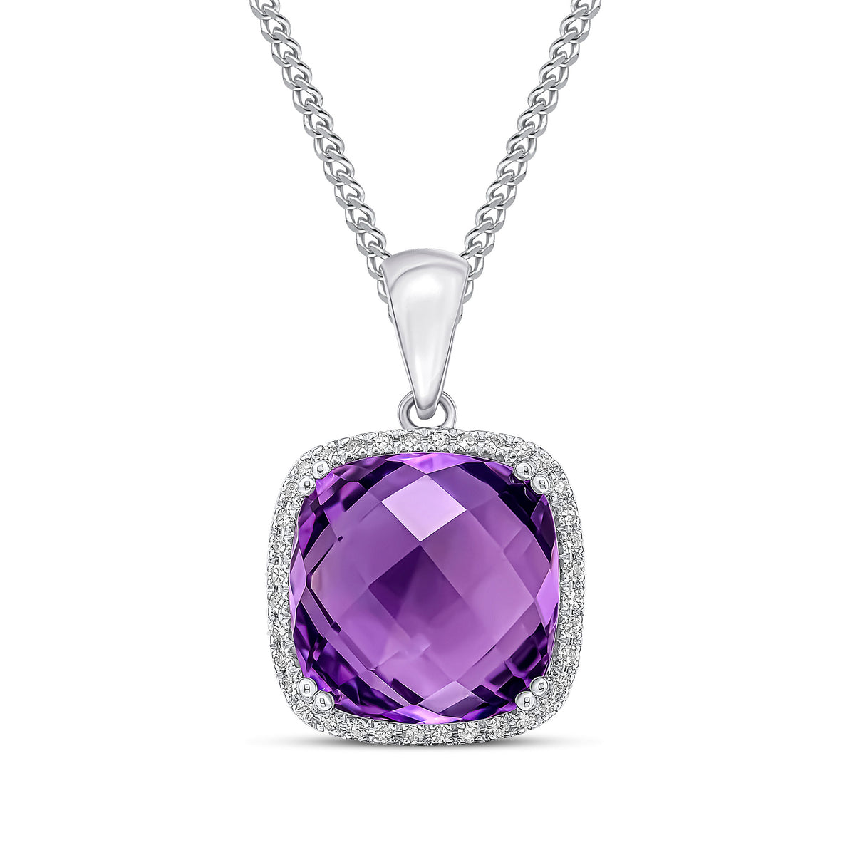 9ct White Gold 12mm Checkerboard Cut Cushion Amethyst & Diamond Cluster Pendant