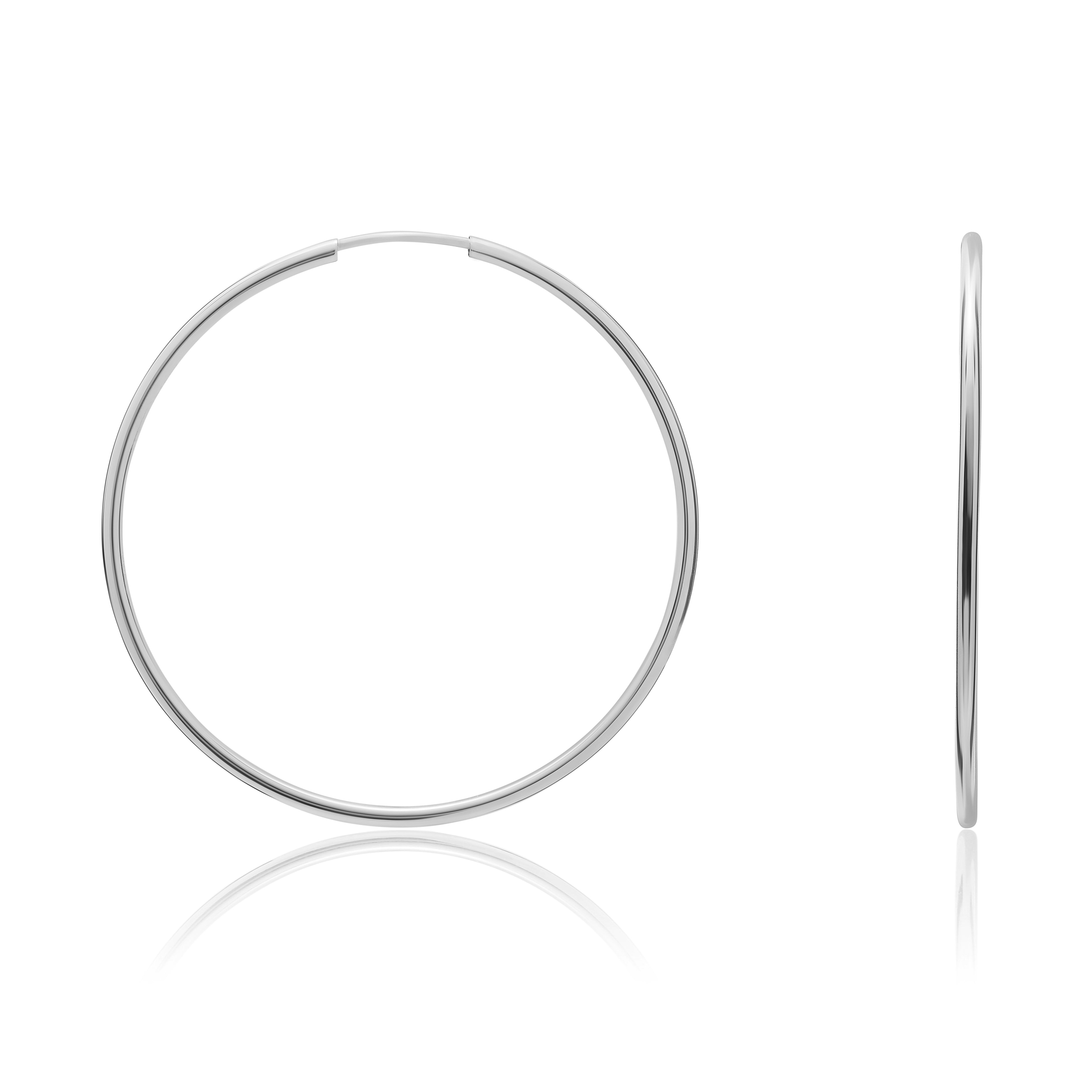 9ct White Gold Thin Sleeper Hoop Earrings. 63mm Diameter