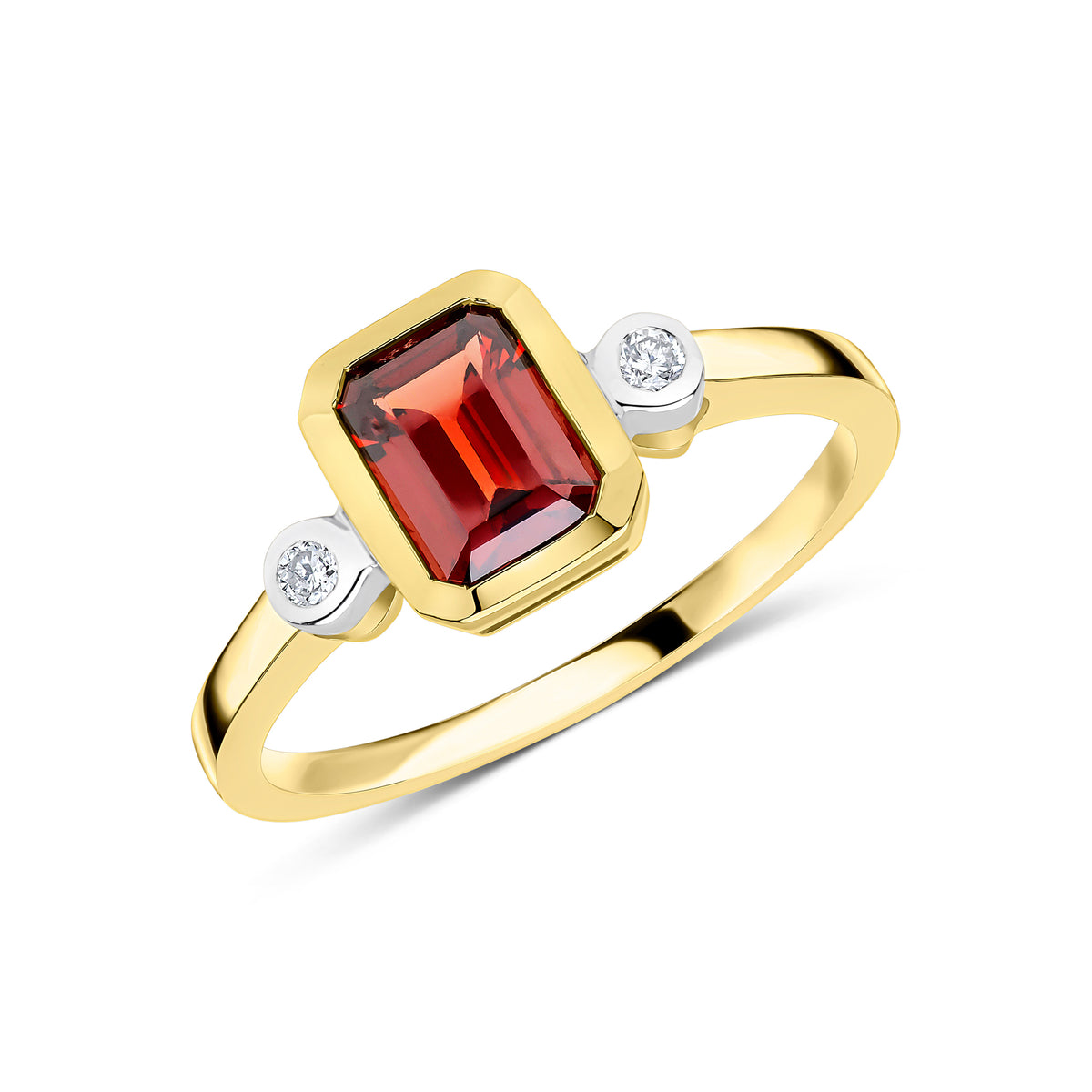 9ct Yellow Gold 7x5 Octagon Garnet and Round Diamond 3 Stone Rubover Ring Rhodium to Diamonds