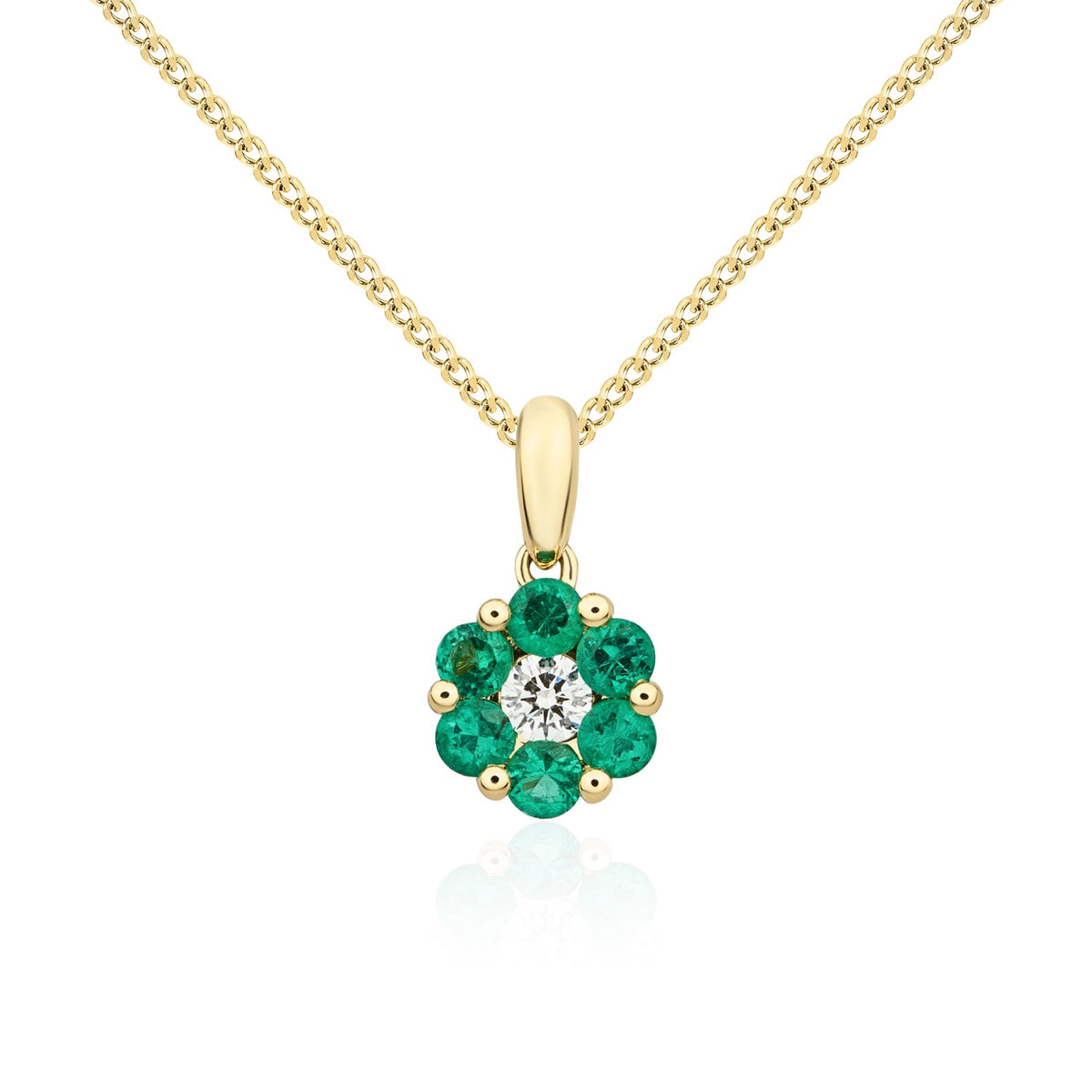 18ct Yellow Gold Round Emerald and Diamond Claw Reverse Cluster Pendant
