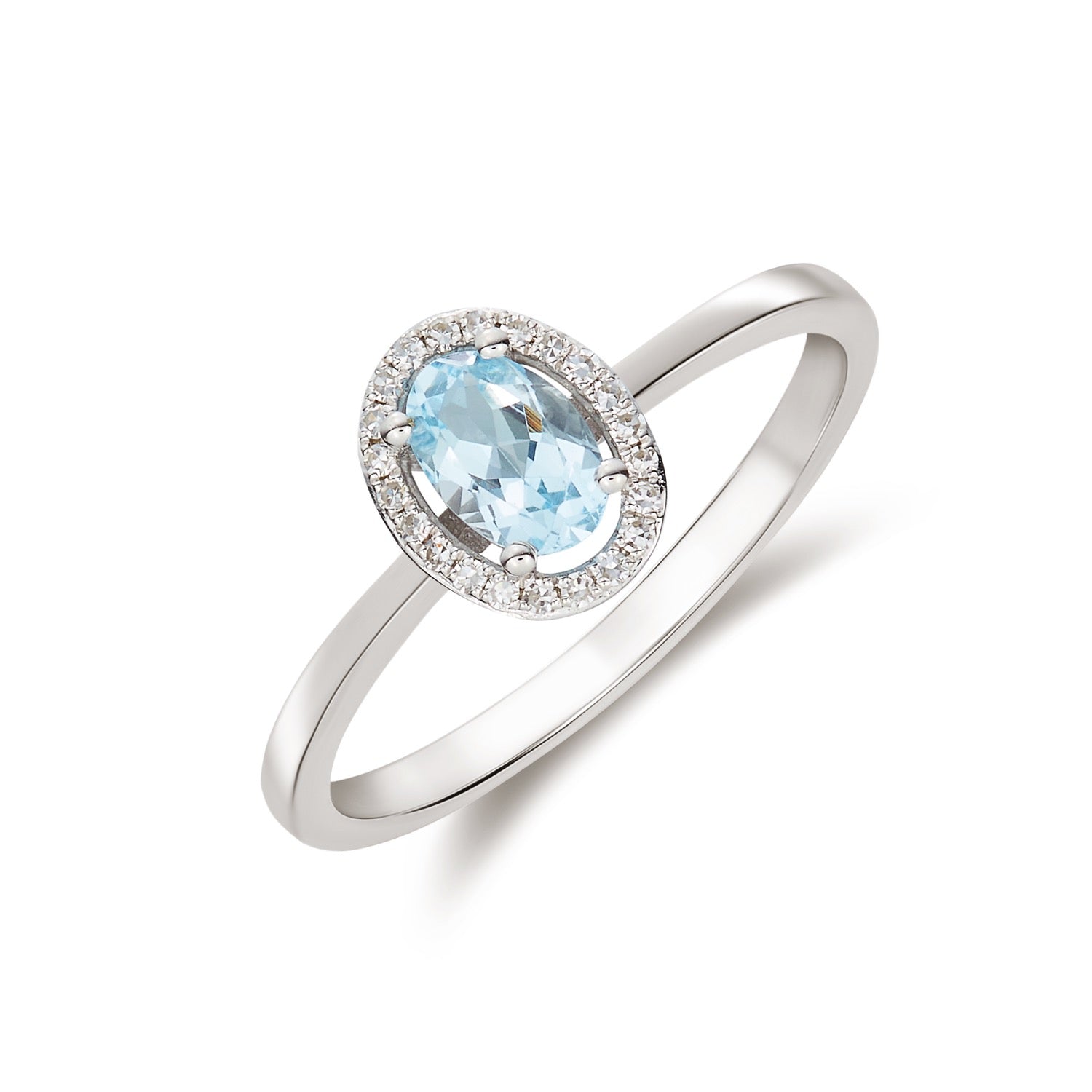 9CT WG 6X4 OVAL AQUA AND ROUND DIAMOND HALO CLUSTER RING 1